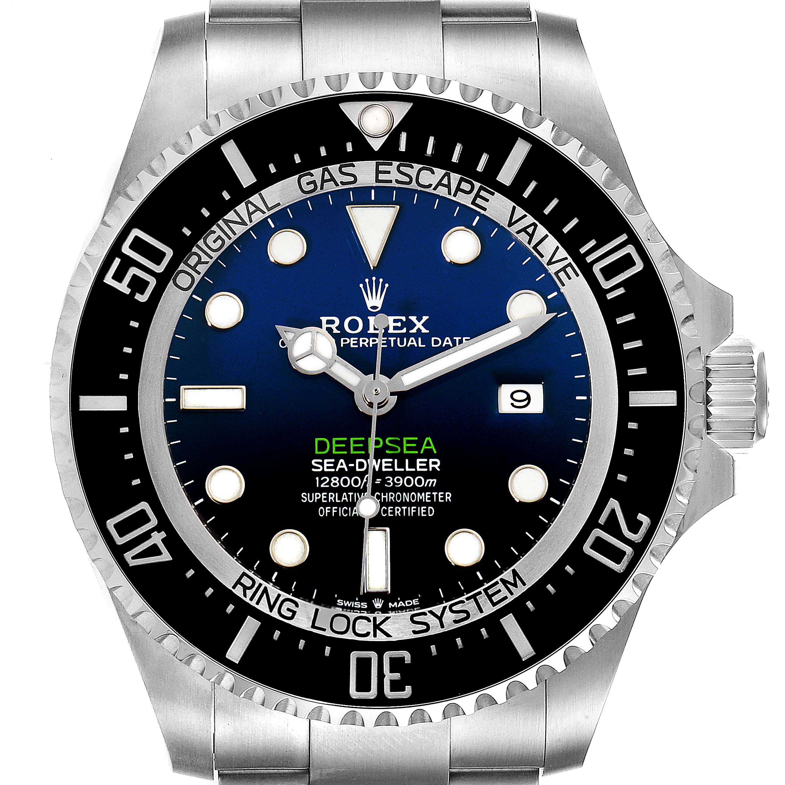 The image shows a front view of a Rolex Sea-Dweller 126660 Men
s Stainless Steel Blue Dial 126660 Men
s Stainless Steel Blue Dial Deepsea watch, highlighting the dial, bezel, and part of the bracelet.