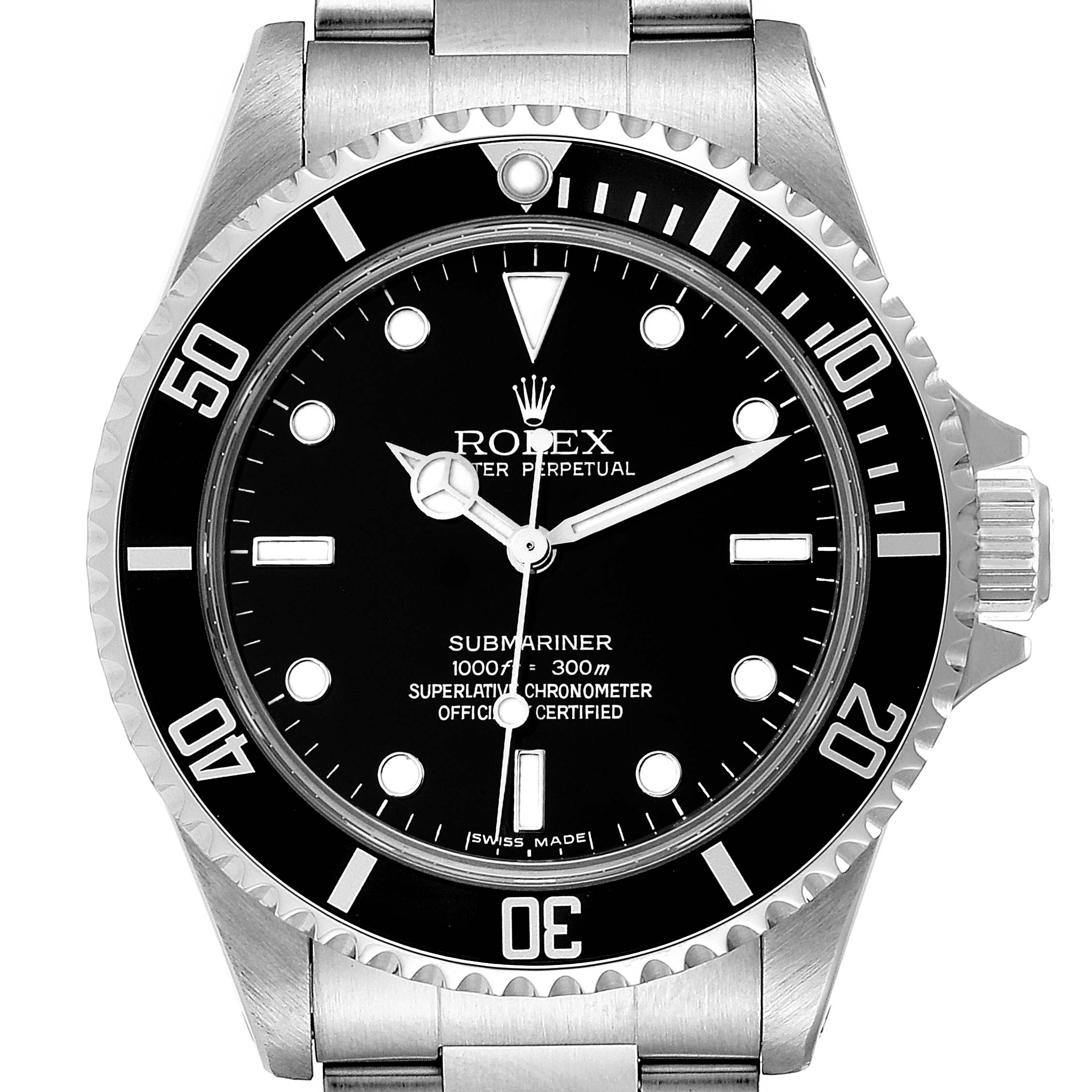 This image shows a front view of a Rolex Submariner 14060M Men
s Stainless Steel Black Dial 14060M Men
s Stainless Steel Black Dial watch, highlighting the dial, bezel, crown, and part of the bracelet.