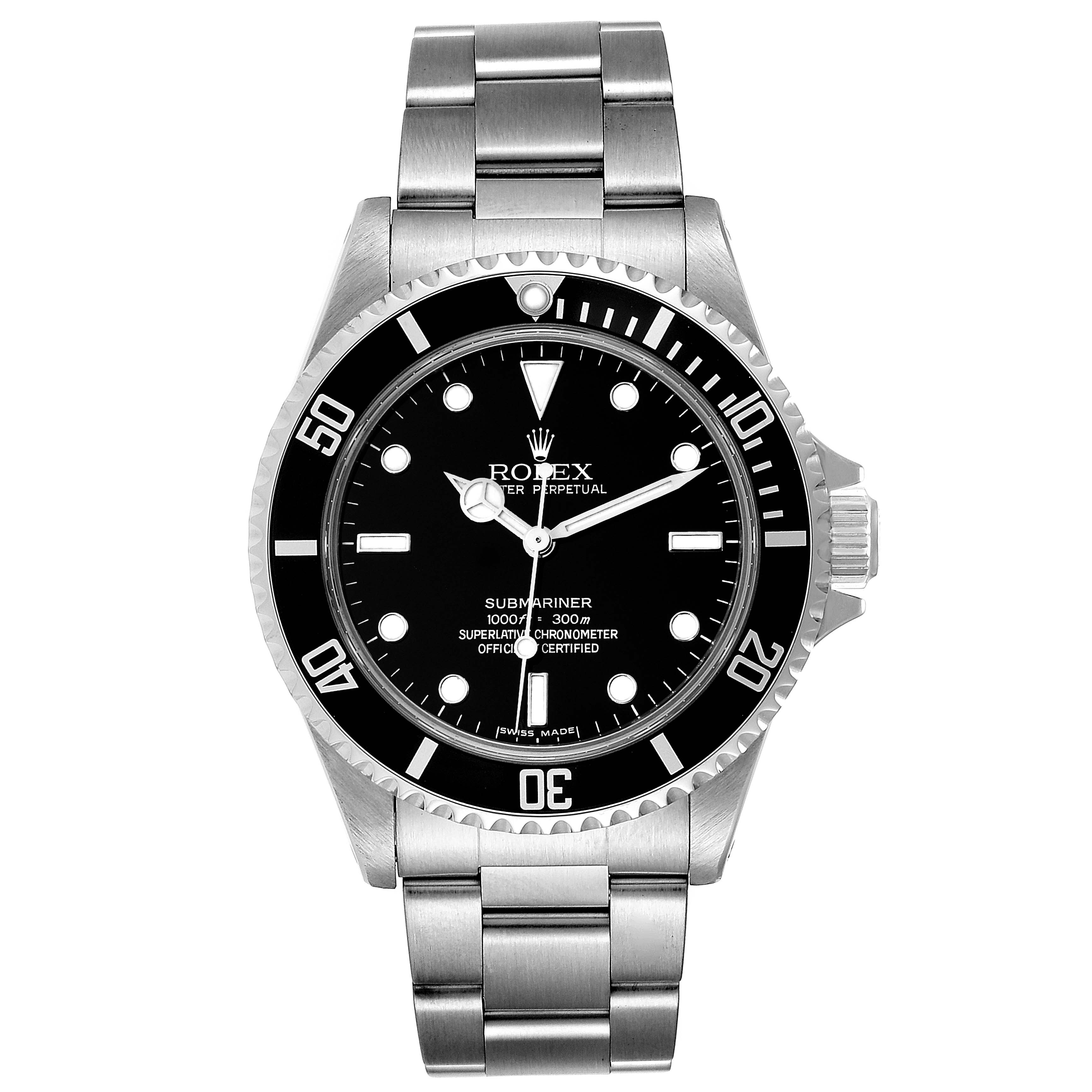 The image shows a front view of a Rolex Submariner 14060M Men
s Stainless Steel Black Dial 14060M Men
s Stainless Steel Black Dial, highlighting its face, bezel, crown, and bracelet.