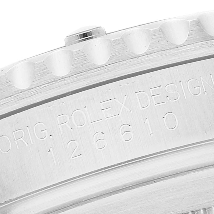 This close-up angle shows the engraved side of the bezel and case of the Rolex Submariner 126610 Men
s Stainless Steel Black Dial 126610 Men
s Stainless Steel Black Dial watch.