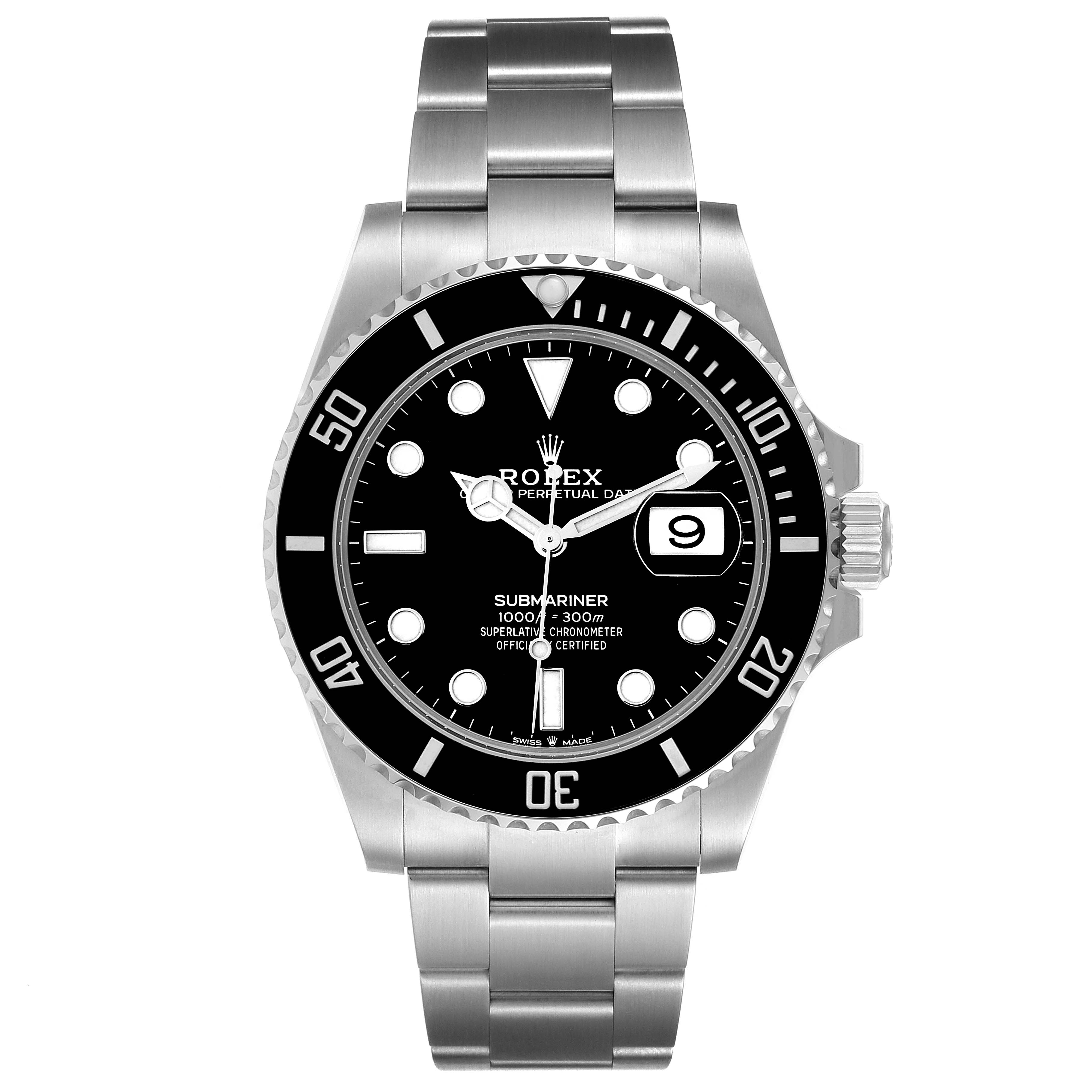 The image shows a Rolex Submariner 126610 Men
s Stainless Steel Black Dial 126610 Men
s Stainless Steel Black Dial watch from a front angle, featuring its dial, bezel, and bracelet.