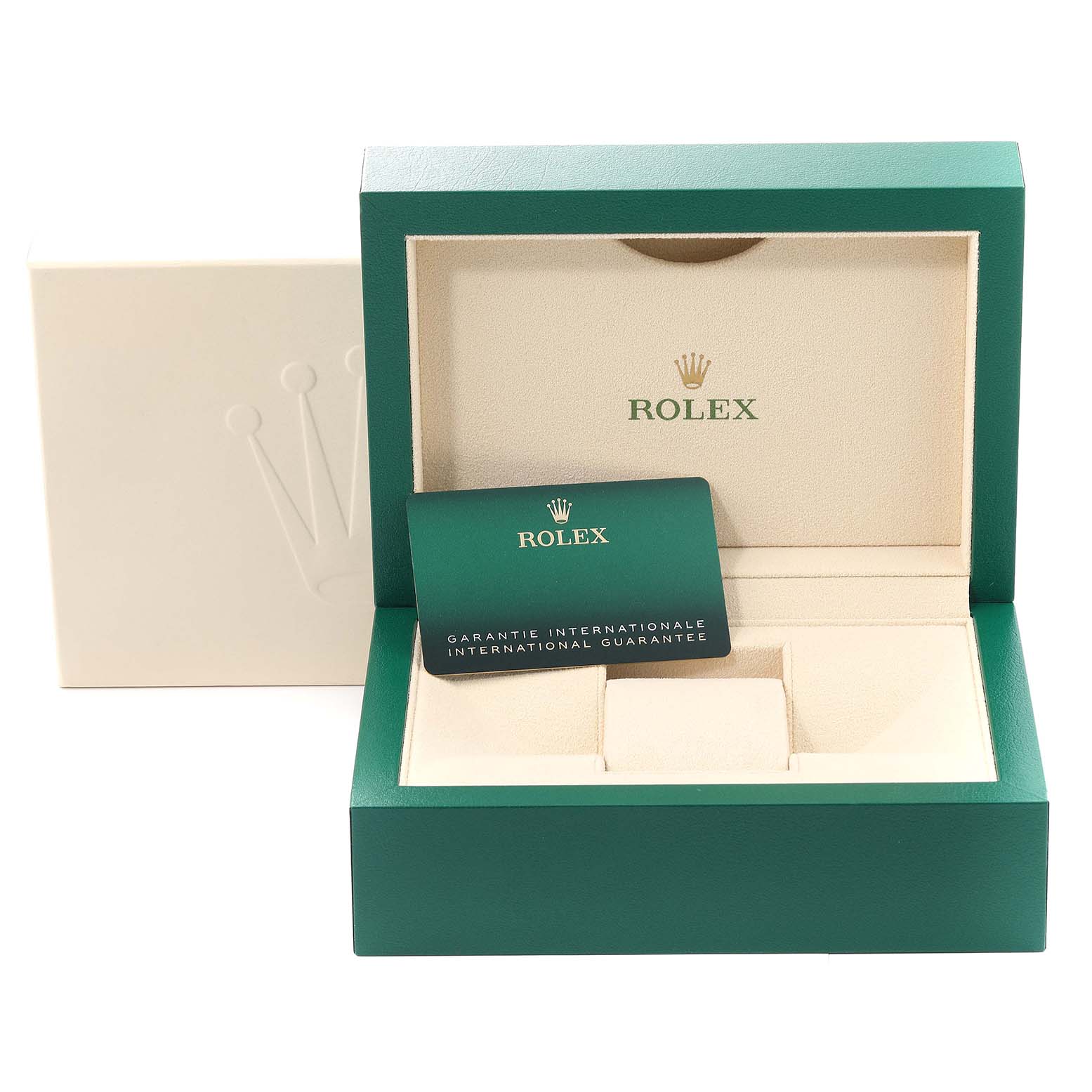 The image shows an open Rolex Submariner 126610 Men
s Stainless Steel Black Dial 126610 Men
s Stainless Steel Black Dial watch box with a guarantee card inside.