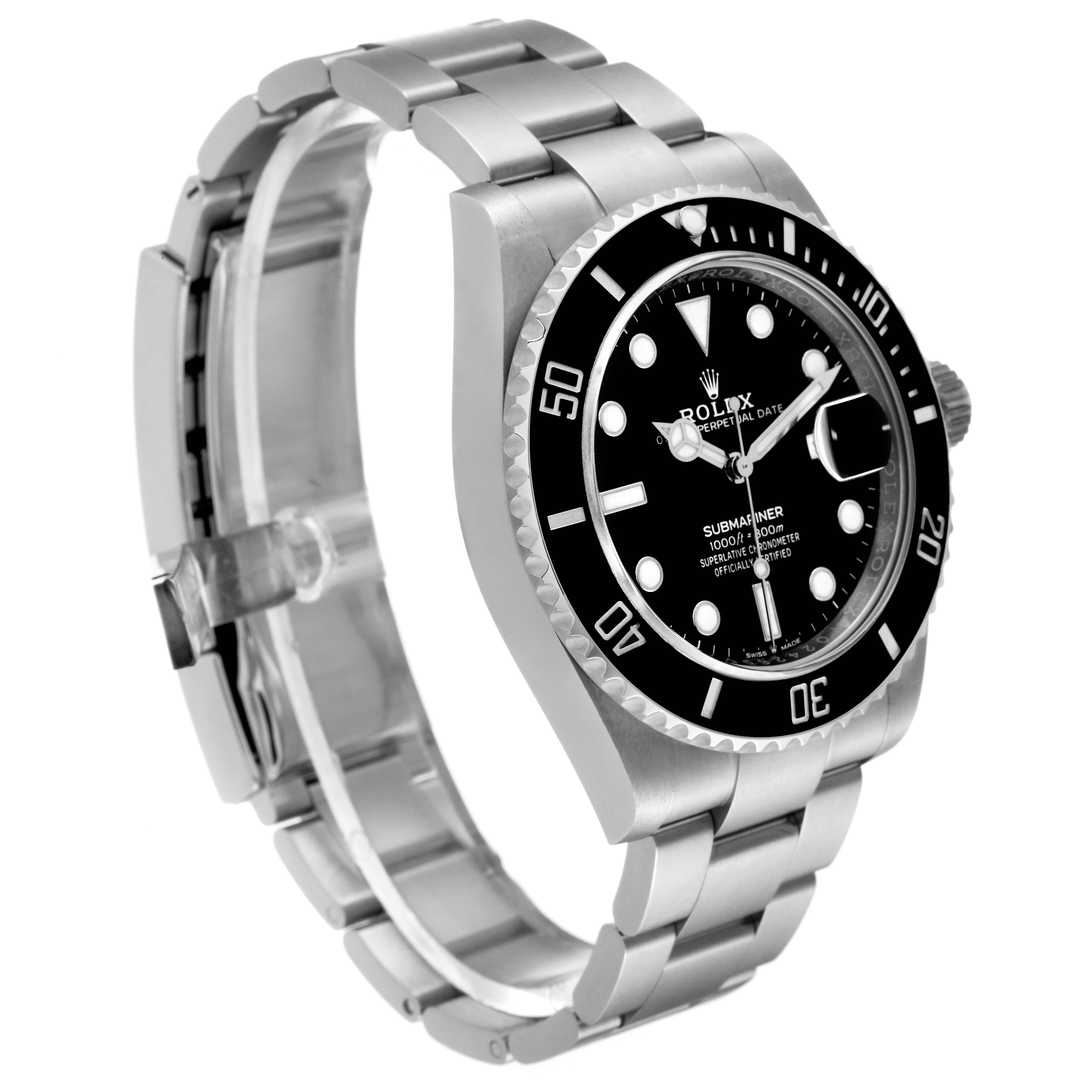 The image shows a Rolex Submariner 126610 Men
s Stainless Steel Black Dial 126610 Men
s Stainless Steel Black Dial watch displayed in a three-quarter angle, highlighting the dial, bezel, and bracelet.