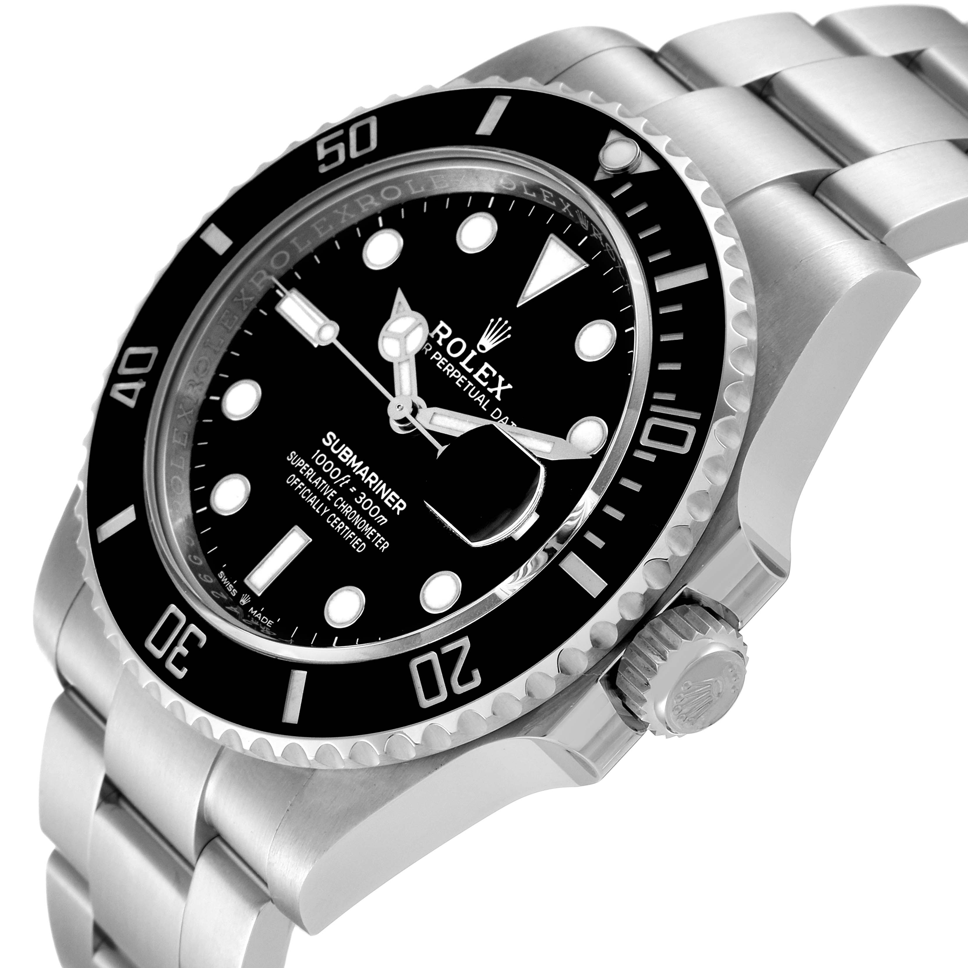 This image shows a Rolex Submariner 126610 Men
s Stainless Steel Black Dial 126610 Men
s Stainless Steel Black Dial watch at an angle highlighting its dial, bezel, crown, and part of the stainless steel bracelet.