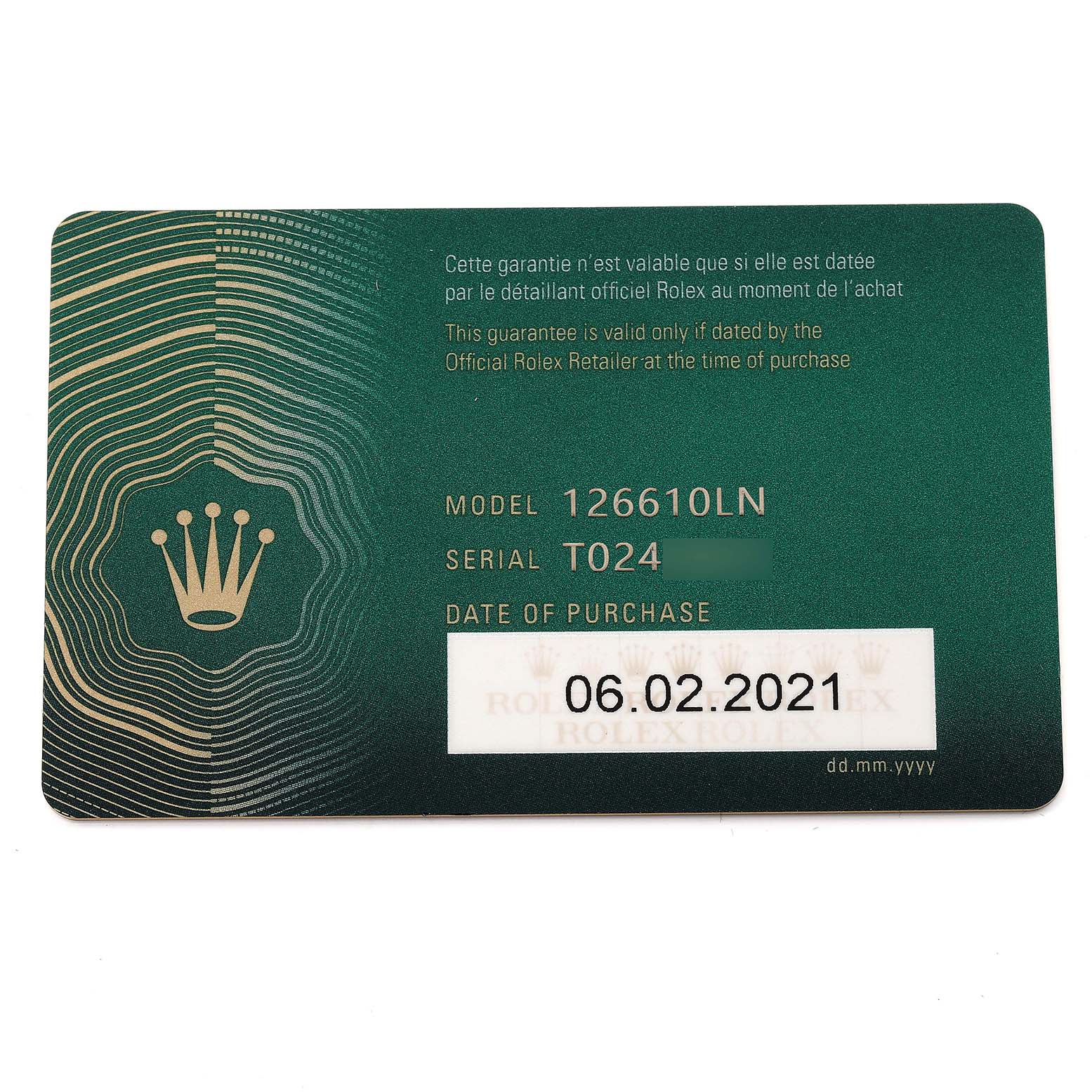 This image shows the warranty card for a Rolex Submariner 126610 Men
s Stainless Steel Black Dial 126610 Men
s Stainless Steel Black Dial model 126610LN with purchase details.