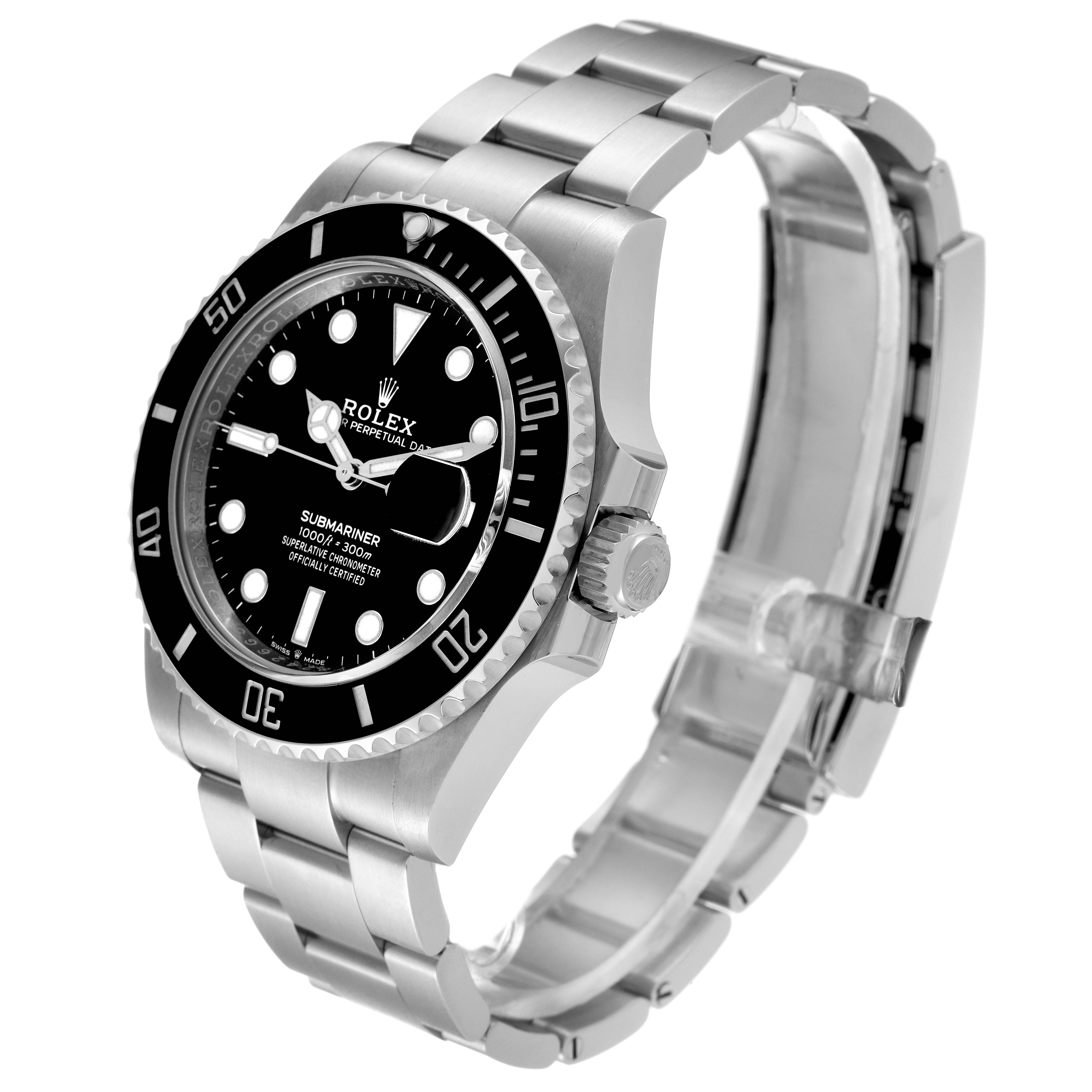 The image shows a Rolex Submariner 126610 Men
s Stainless Steel Black Dial 126610 Men
s Stainless Steel Black Dial watch taken at an angle that highlights its face, bezel, case, and bracelet.