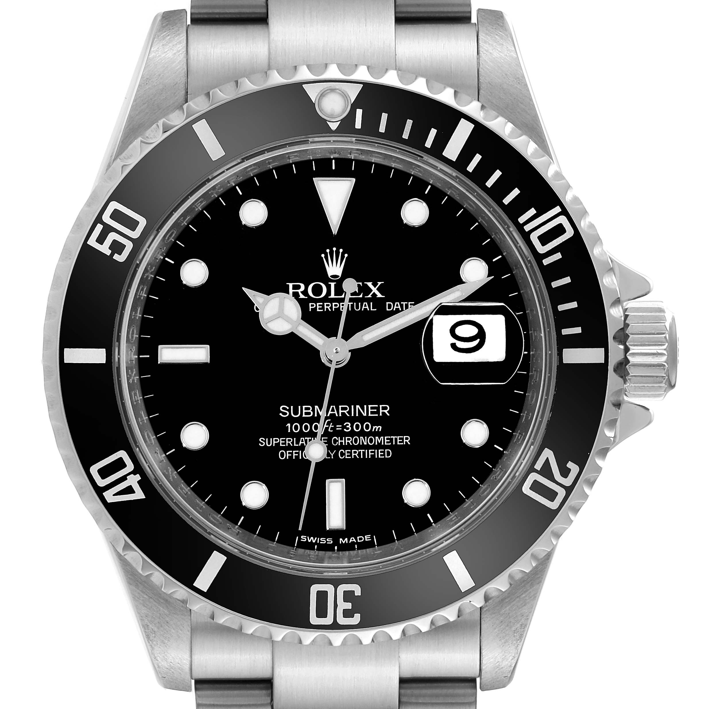 This image shows a front view of a Rolex Submariner 16610 Men
s Stainless Steel Black Dial 16610 Men
s Stainless Steel Black Dial, displaying the dial, bezel, and bracelet.