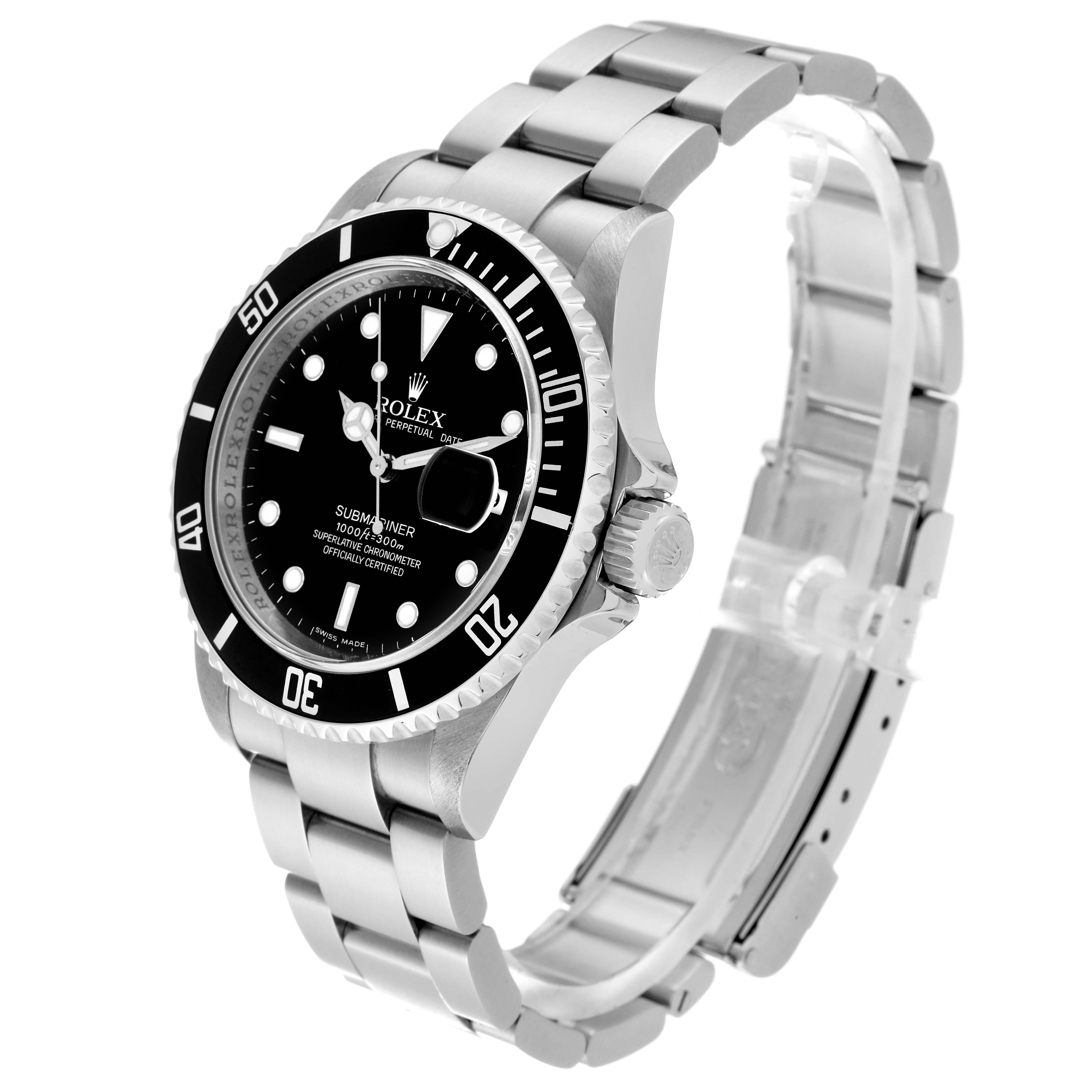 The image shows a Rolex Submariner 16610 Men
s Stainless Steel Black Dial 16610 Men
s Stainless Steel Black Dial watch from a three-quarter angle, highlighting its dial, bezel, crown, and bracelet.