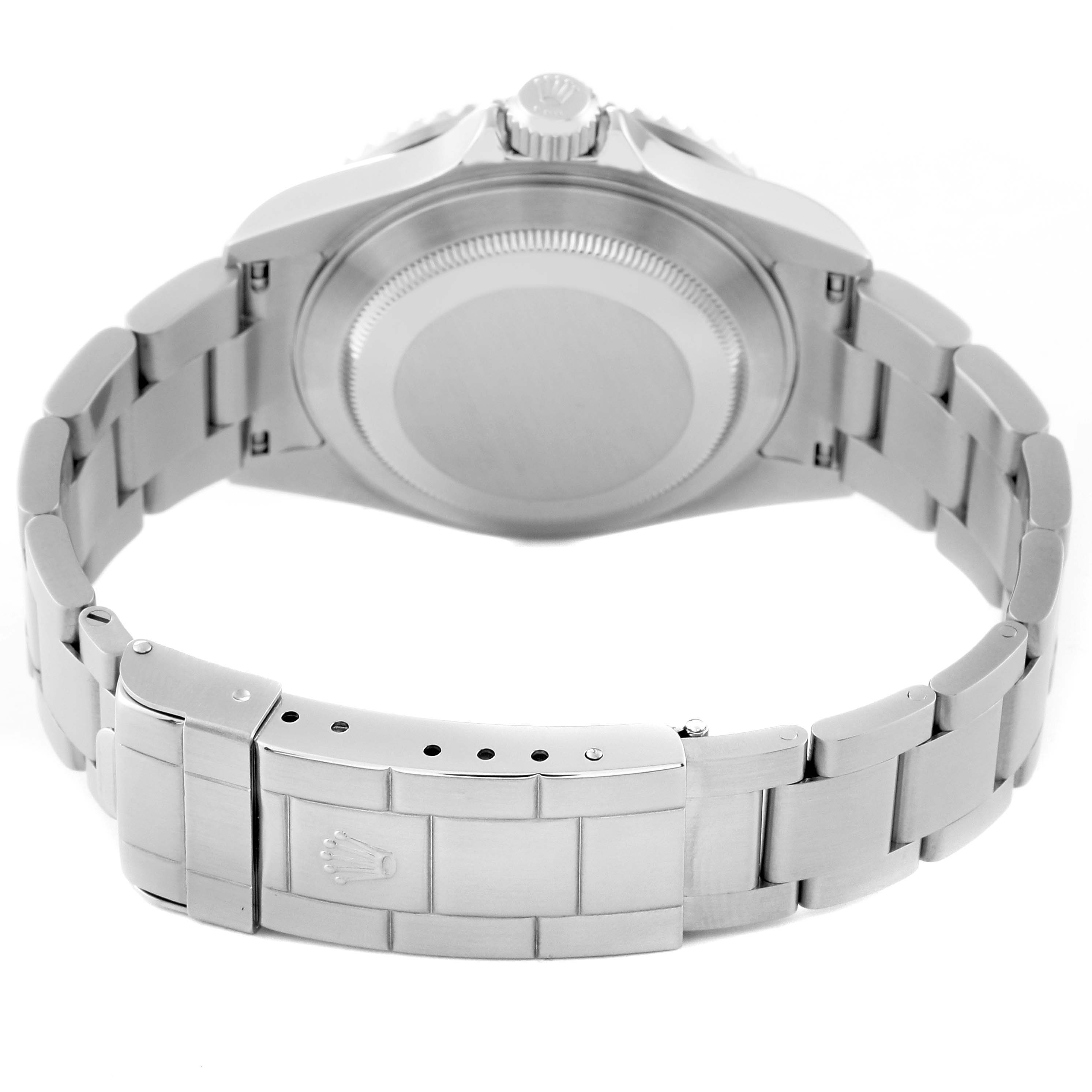 The image shows the back view of a Rolex Submariner 16610 Men
s Stainless Steel Black Dial 16610 Men
s Stainless Steel Black Dial watch, highlighting the clasp, bracelet, case back, and crown.