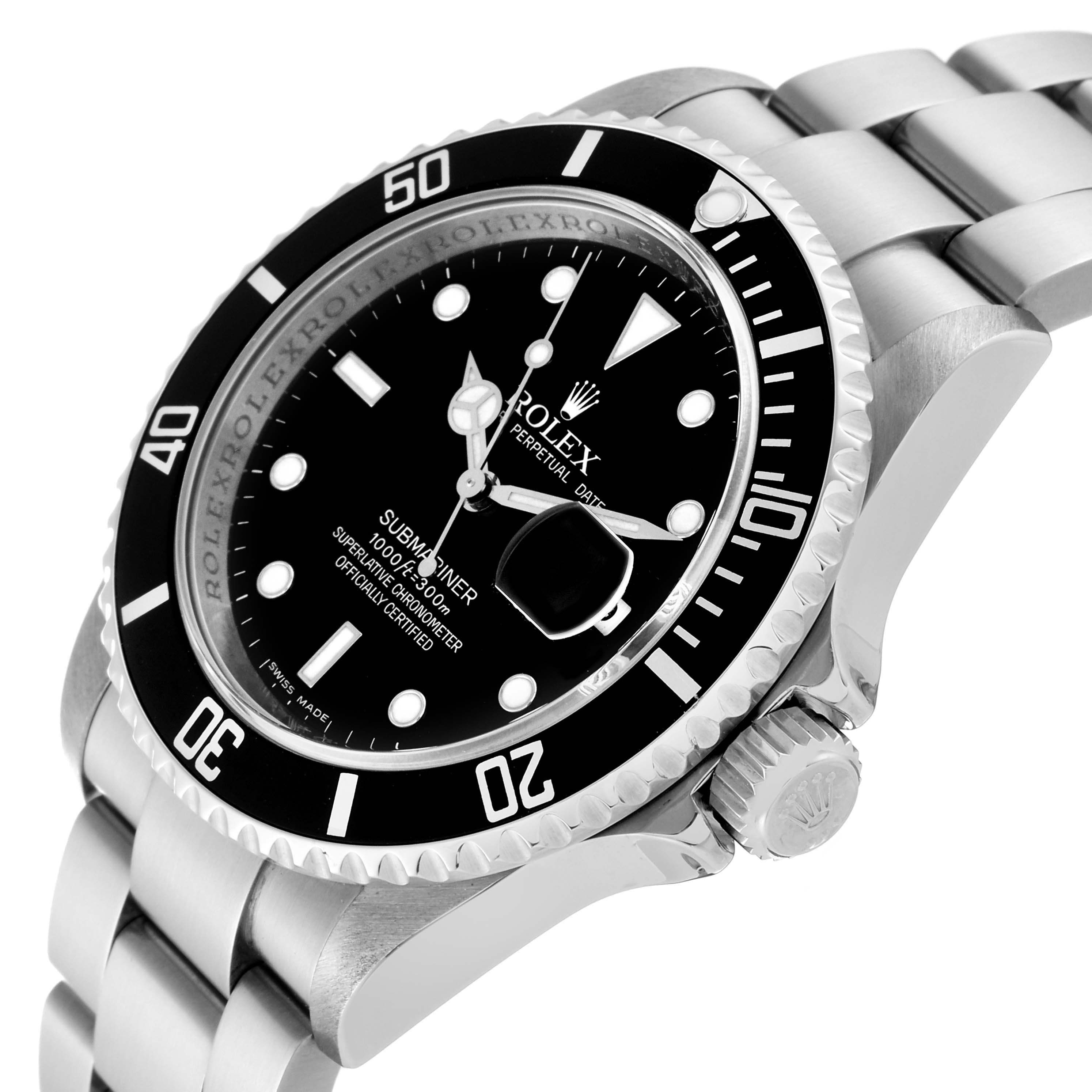 The image shows a side angle of the Rolex Submariner 16610 Men
s Stainless Steel Black Dial 16610 Men
s Stainless Steel Black Dial, highlighting the dial, bezel, crown, and bracelet.