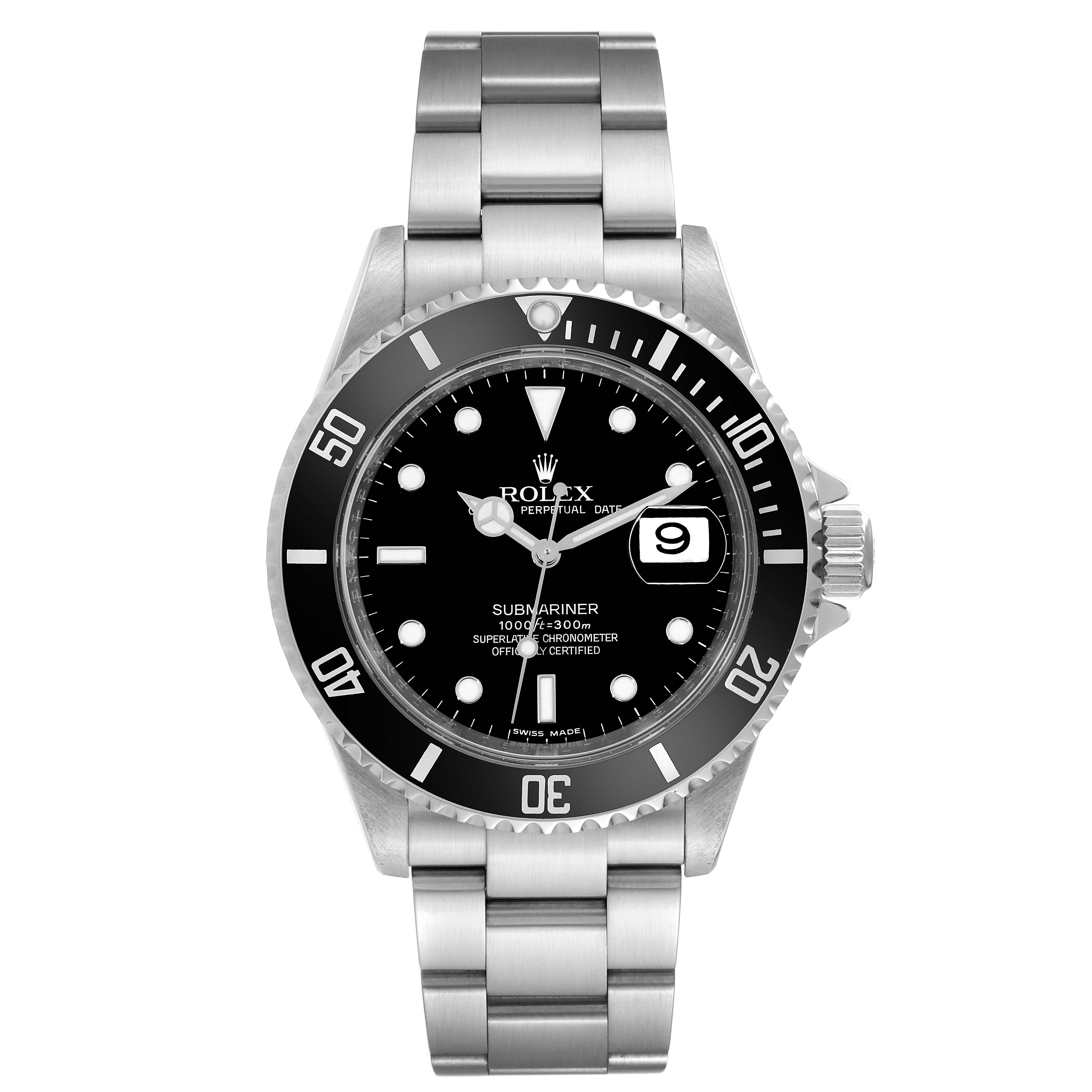 The image shows a Rolex Submariner 16610 Men
s Stainless Steel Black Dial 16610 Men
s Stainless Steel Black Dial watch viewed from the front, displaying its dial, bezel, bracelet, and crown.