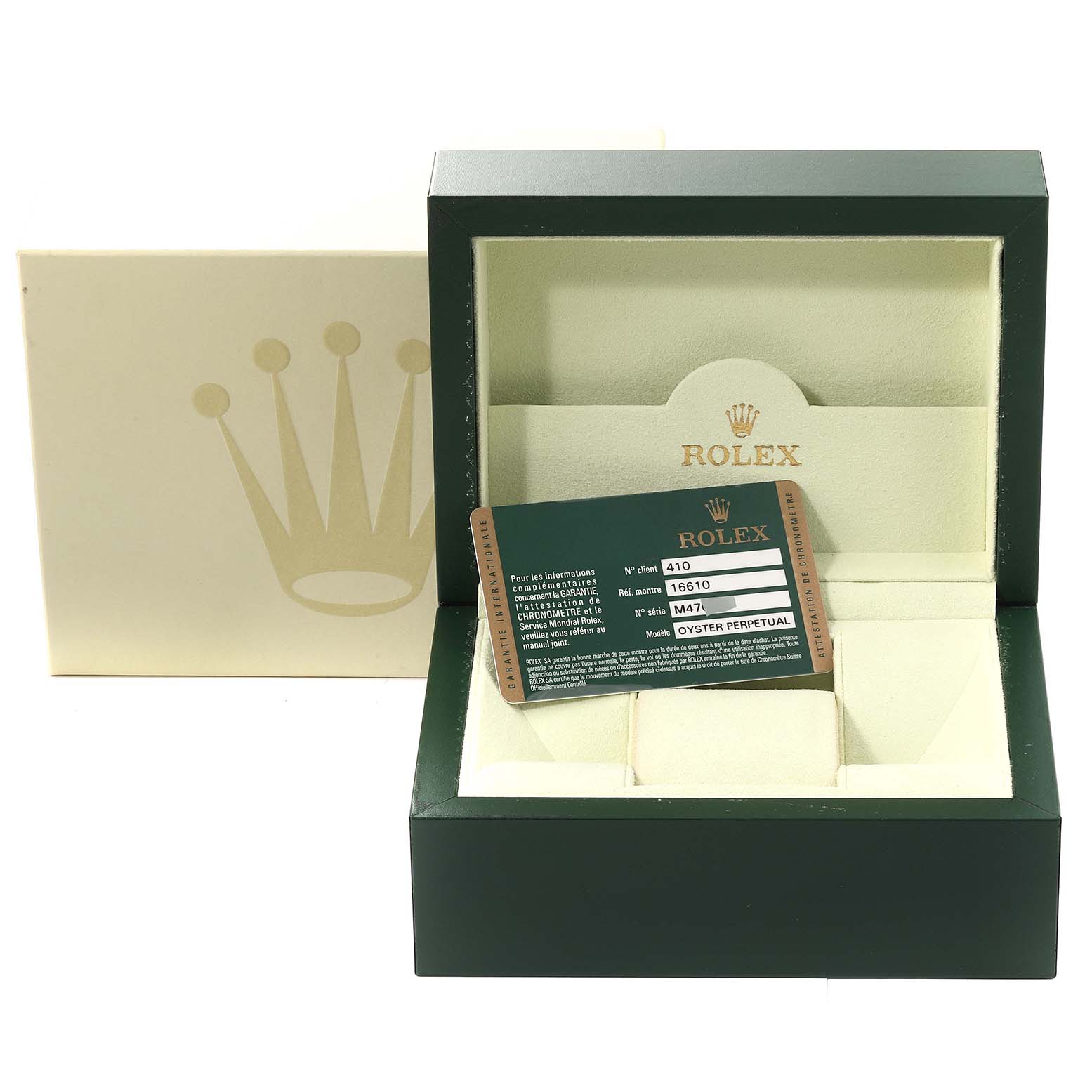 The image shows a Rolex Submariner 16610 Men
s Stainless Steel Black Dial 16610 Men
s Stainless Steel Black Dial watch box and warranty card, viewed from the front.