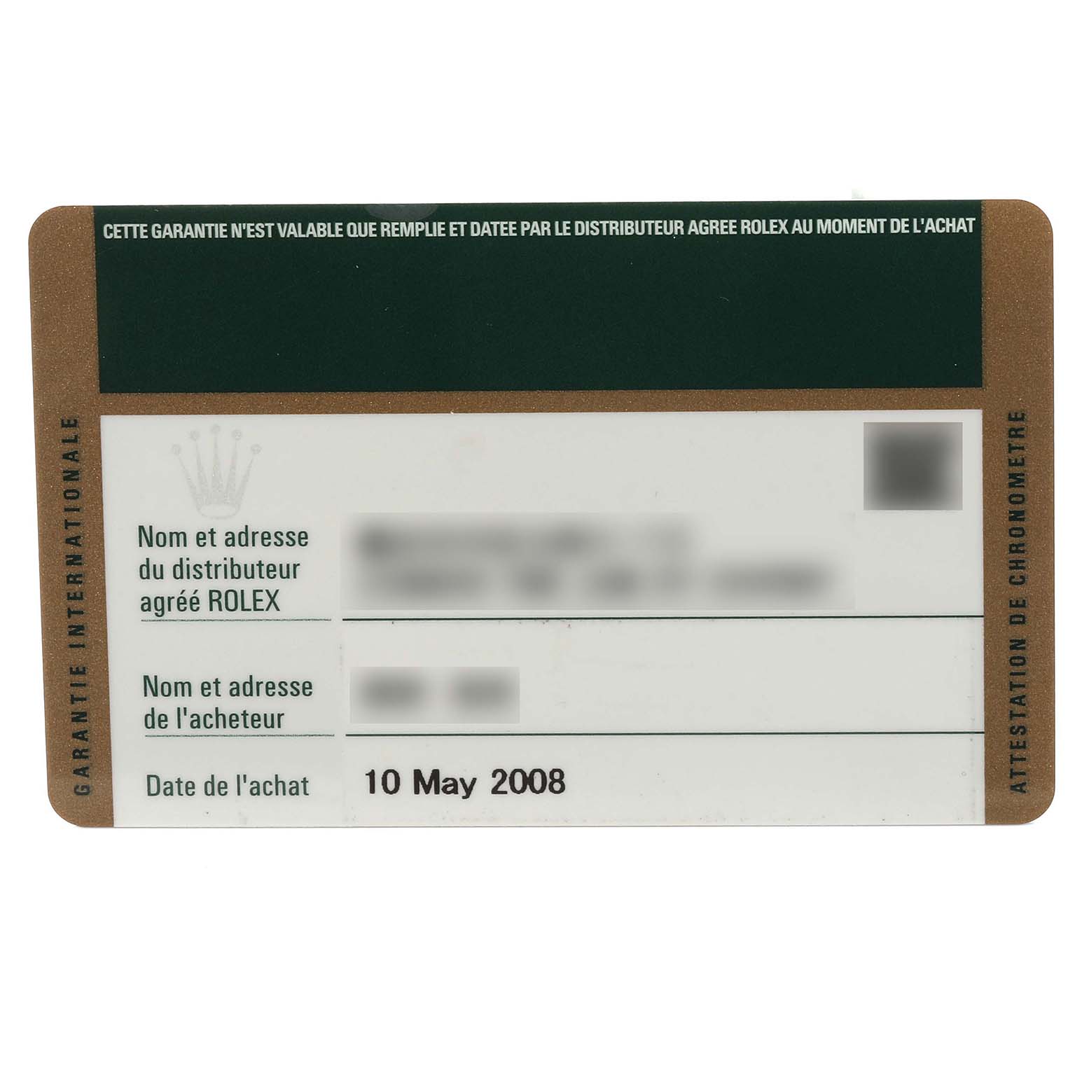 The image shows a warranty card for a Rolex Submariner 16610 Men
s Stainless Steel Black Dial 16610 Men
s Stainless Steel Black Dial watch with purchase details and dealer information.