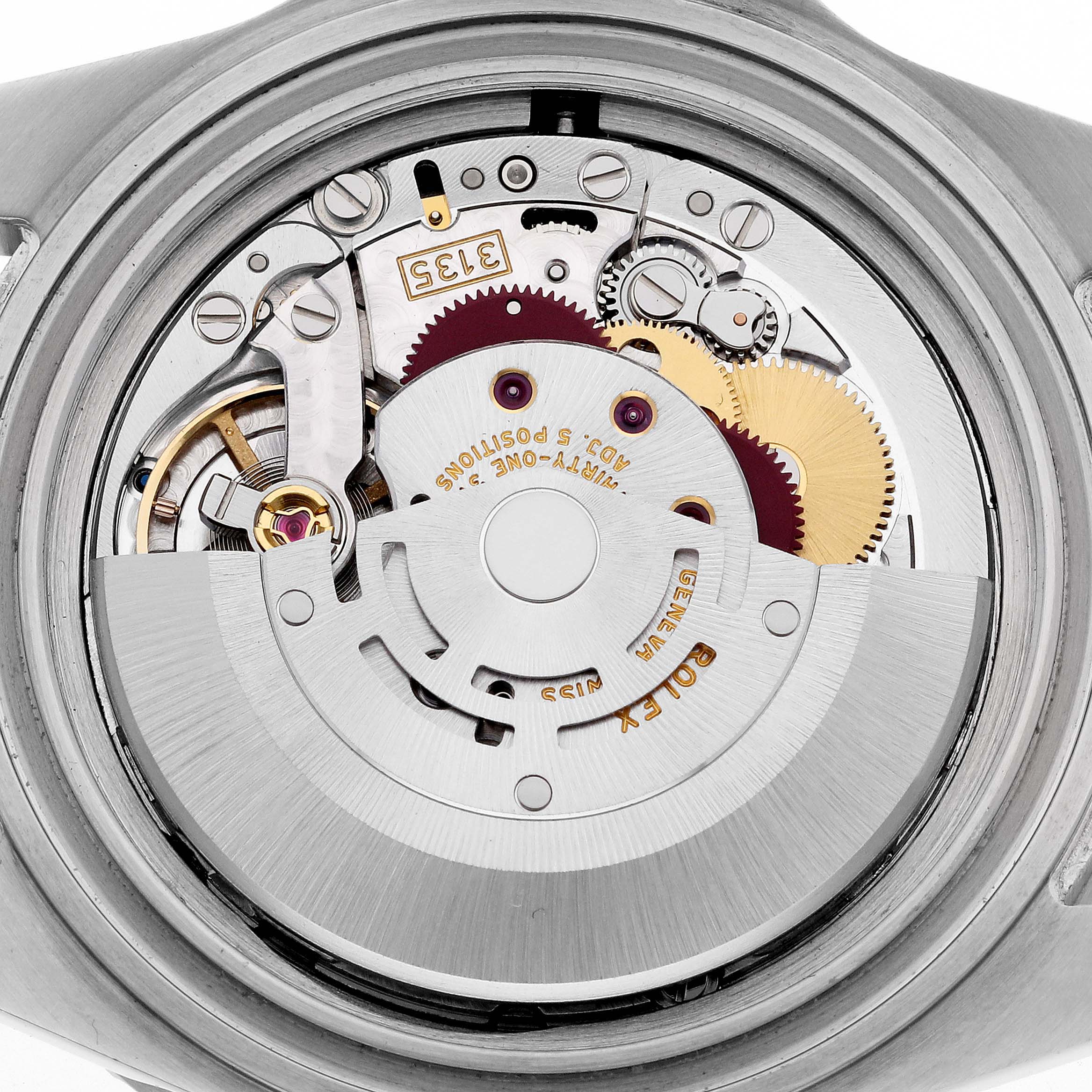 The image shows the inner mechanical movement of the Rolex Submariner 16610 Men
s Stainless Steel Black Dial 16610 Men
s Stainless Steel Black Dial watch from the back case angle.