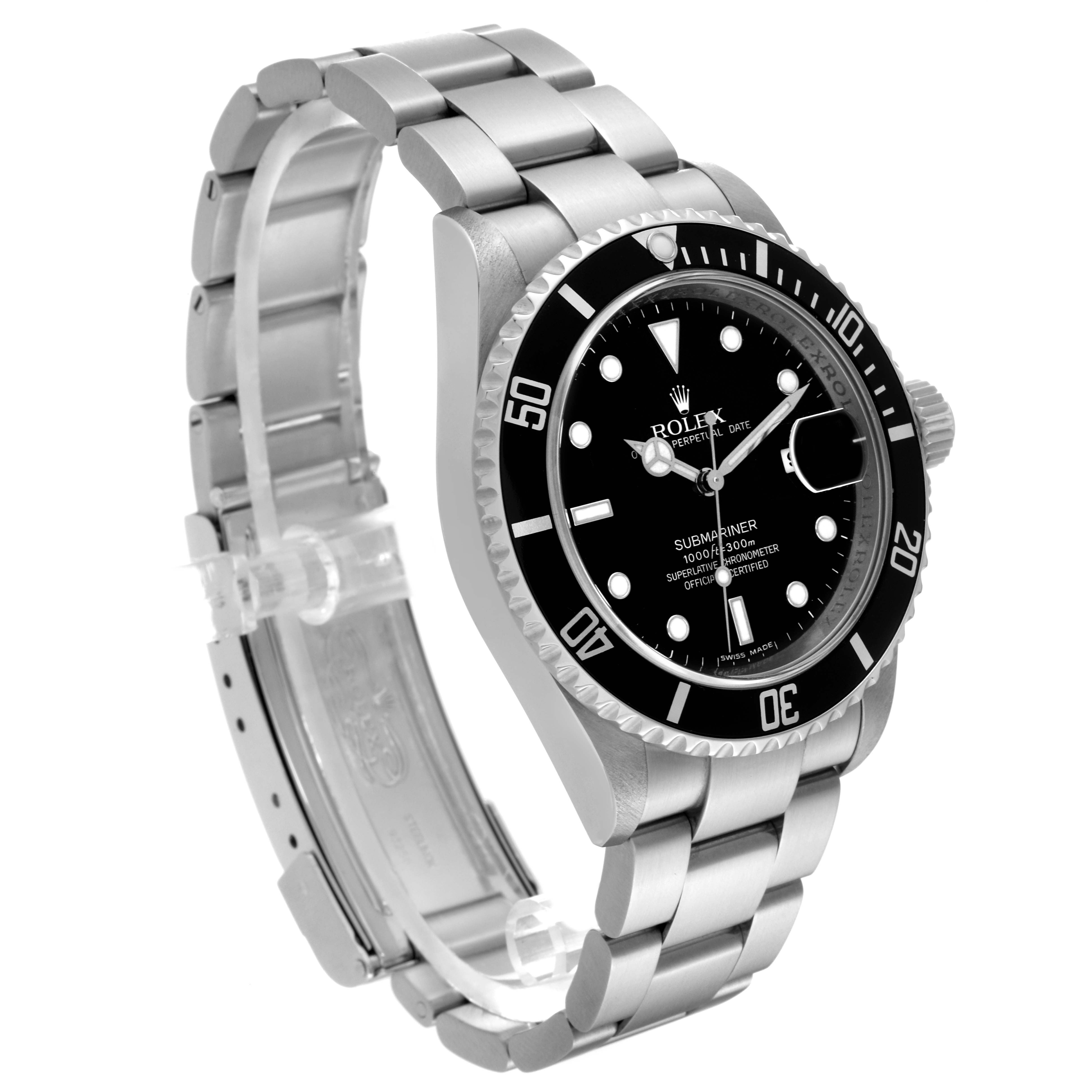 The image shows a Rolex Submariner 16610 Men
s Stainless Steel Black Dial 16610 Men
s Stainless Steel Black Dial from a side angle, displaying the dial, bezel, bracelet, and crown.
