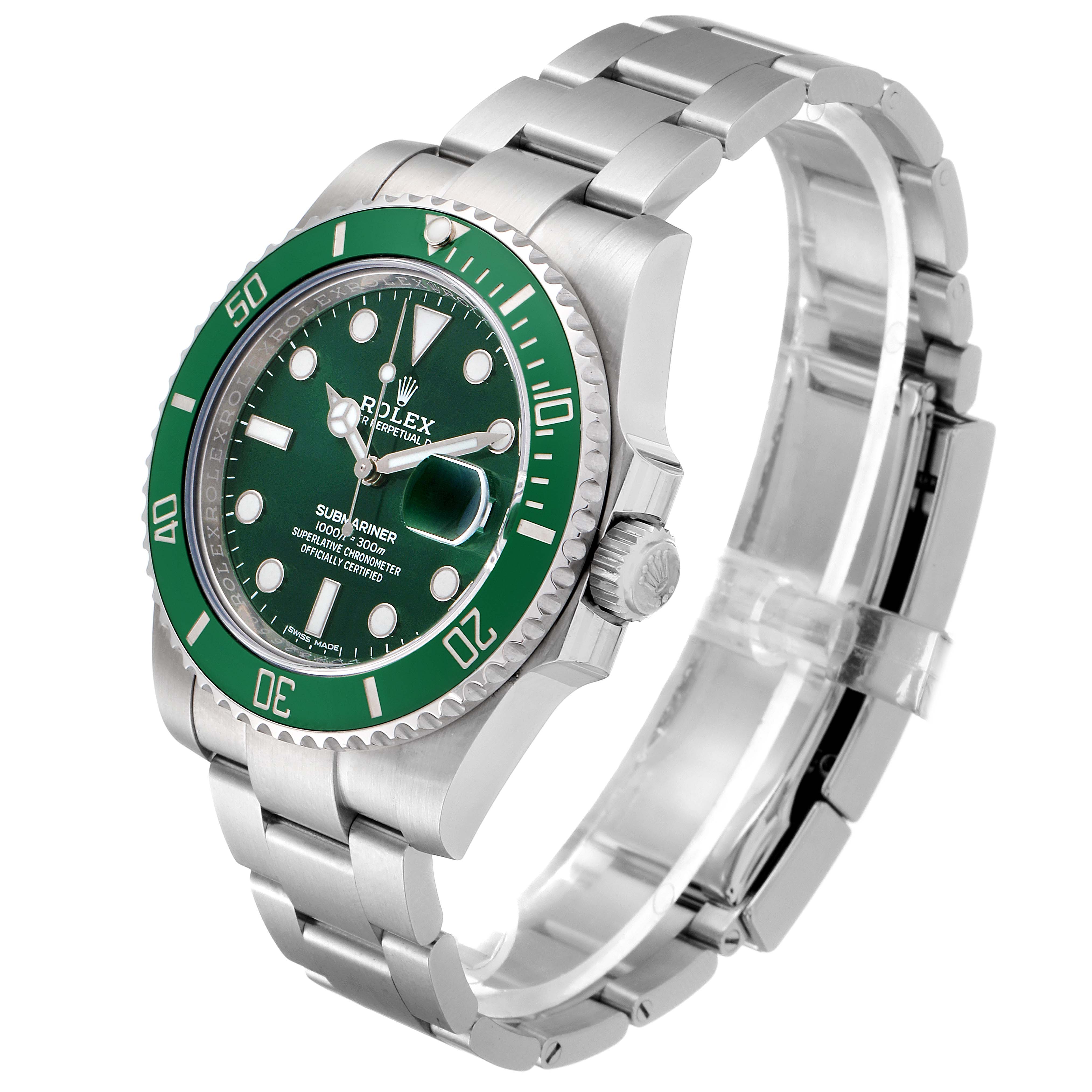 The Rolex Submariner 116610LV Men's Stainless Steel Green Dial 116610LV Men's Stainless Steel Green Dial watch is shown from a three-quarter angle, featuring the watch face, bezel, crown, and bracelet.
