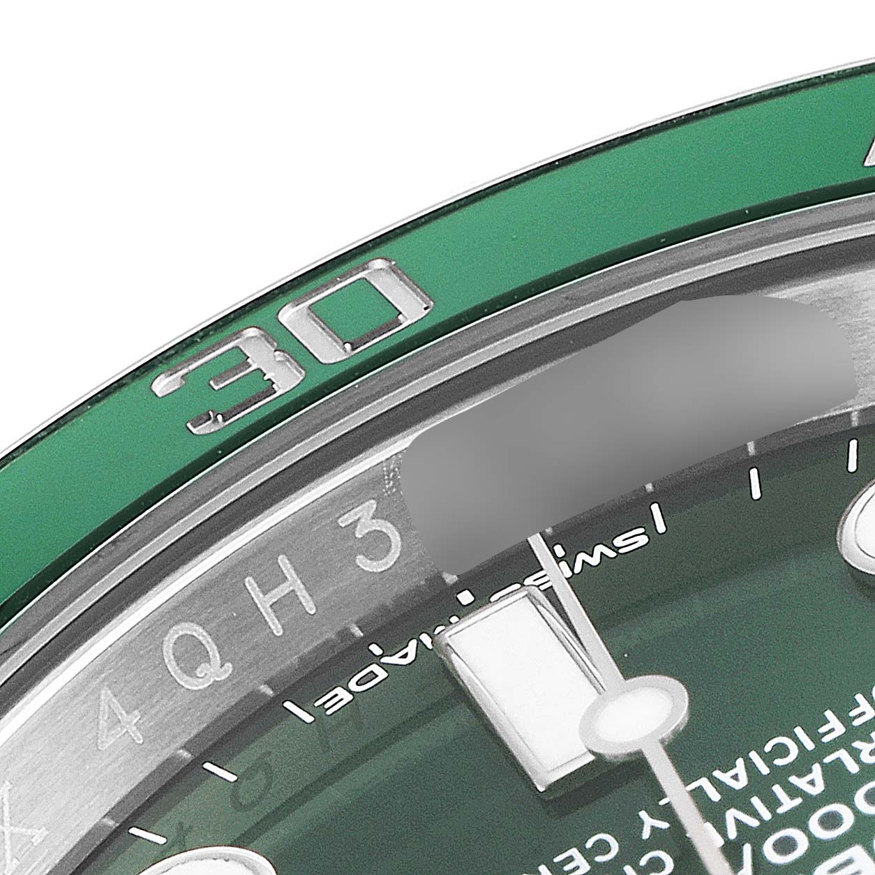 This image shows a close-up of the bezel and dial of the Rolex Submariner 116610LV Men's Stainless Steel Green Dial 116610LV Men's Stainless Steel Green Dial watch, indicating the “30” marker.
