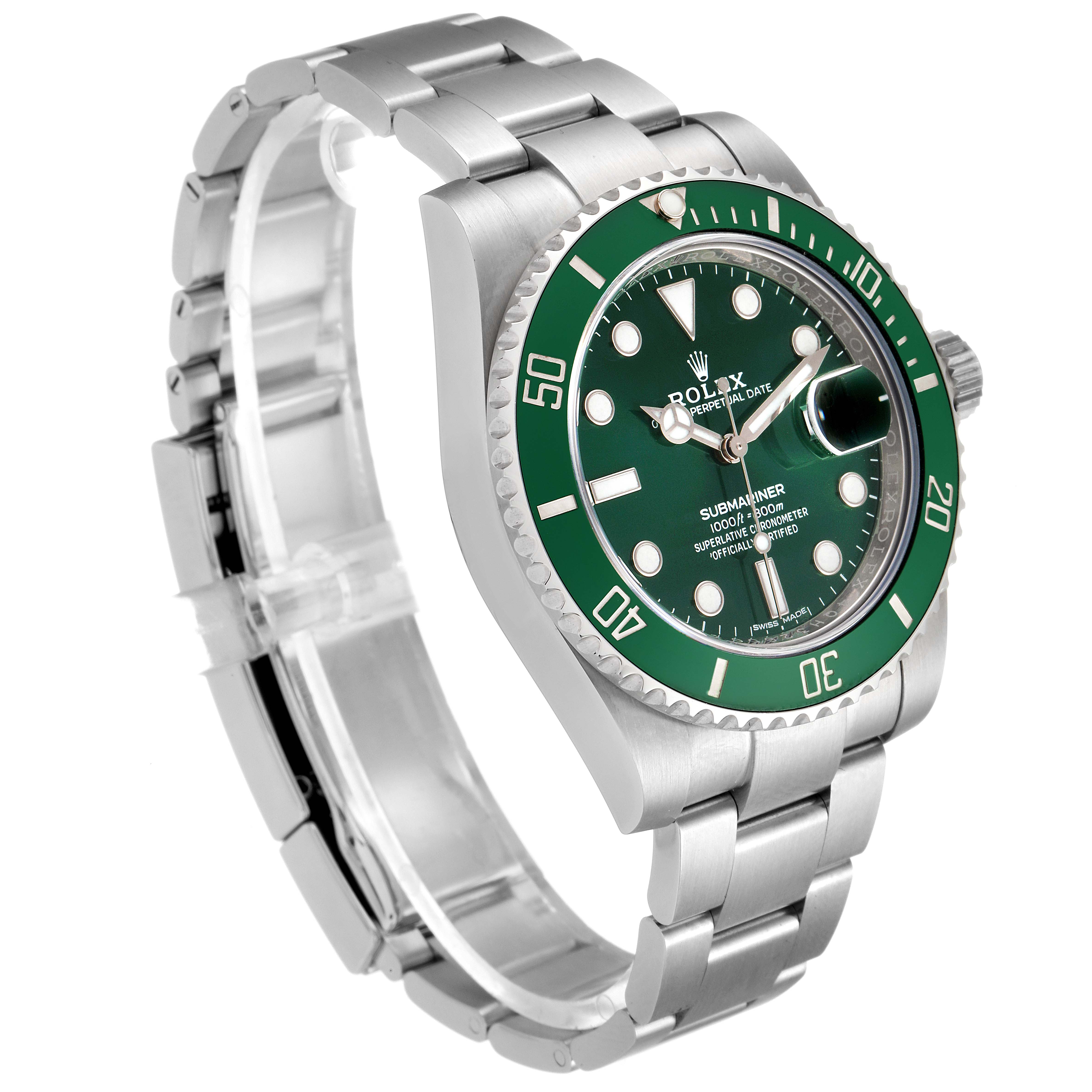 This image shows a side view of a Rolex Submariner 116610LV Men's Stainless Steel Green Dial 116610LV Men's Stainless Steel Green Dial watch, highlighting the dial, bezel, bracelet, and crown.