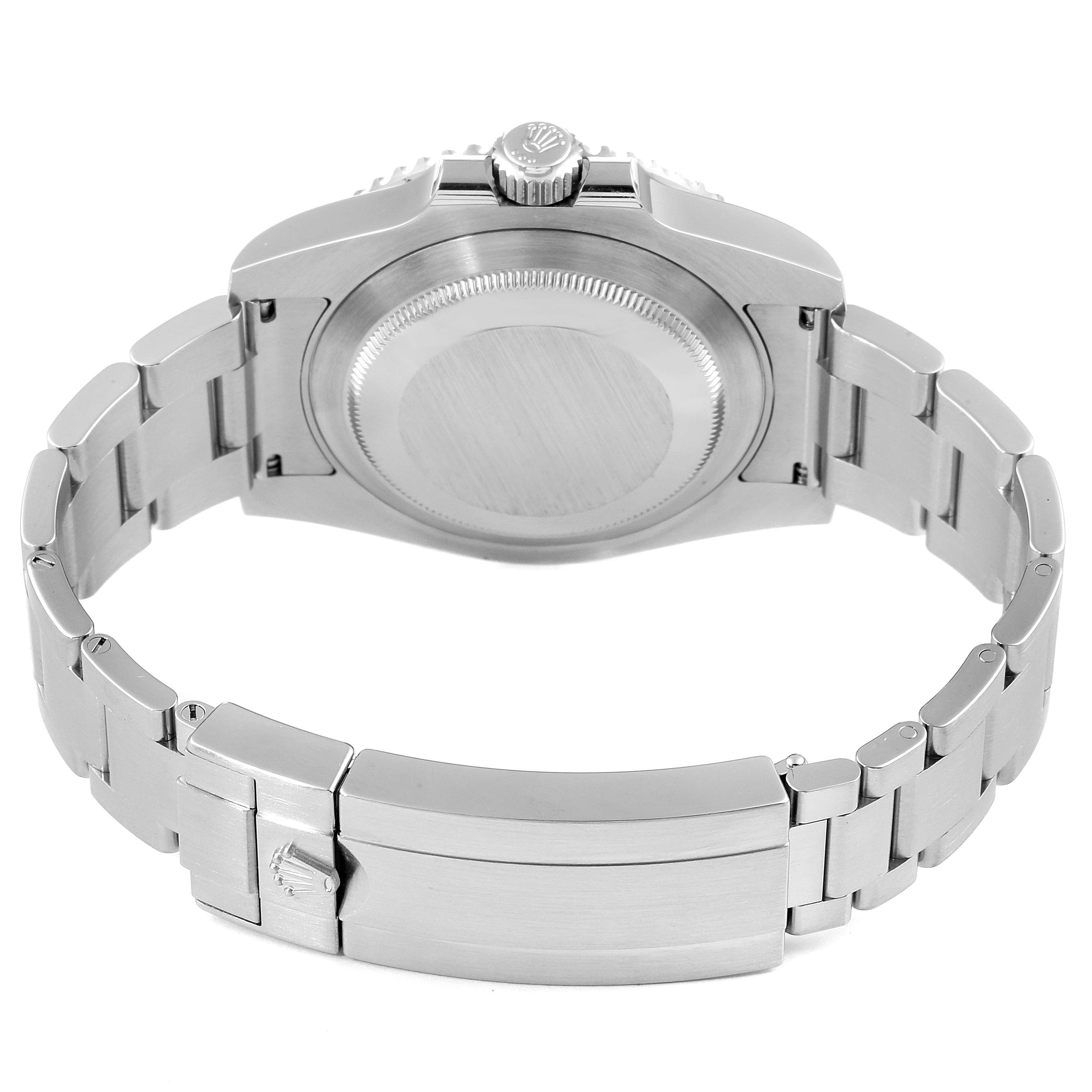 The image shows the back of the Rolex Submariner 116610LV Men's Stainless Steel Green Dial 116610LV Men's Stainless Steel Green Dial watch, featuring its case back, bracelet, and clasp.