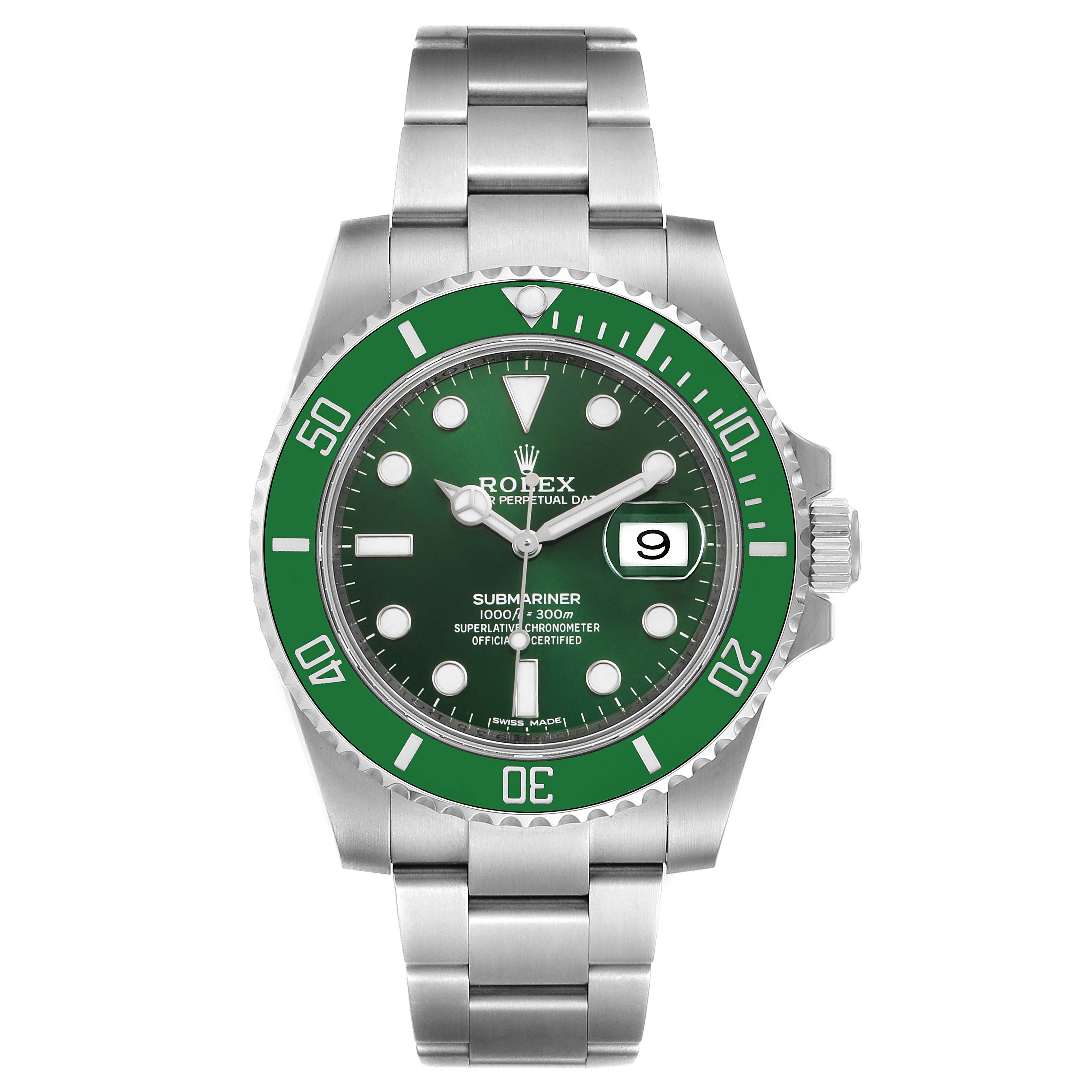 The image shows a front view of the Rolex Submariner 116610LV Men's Stainless Steel Green Dial 116610LV Men's Stainless Steel Green Dial model, featuring its green bezel, dial, bracelet, and date window.