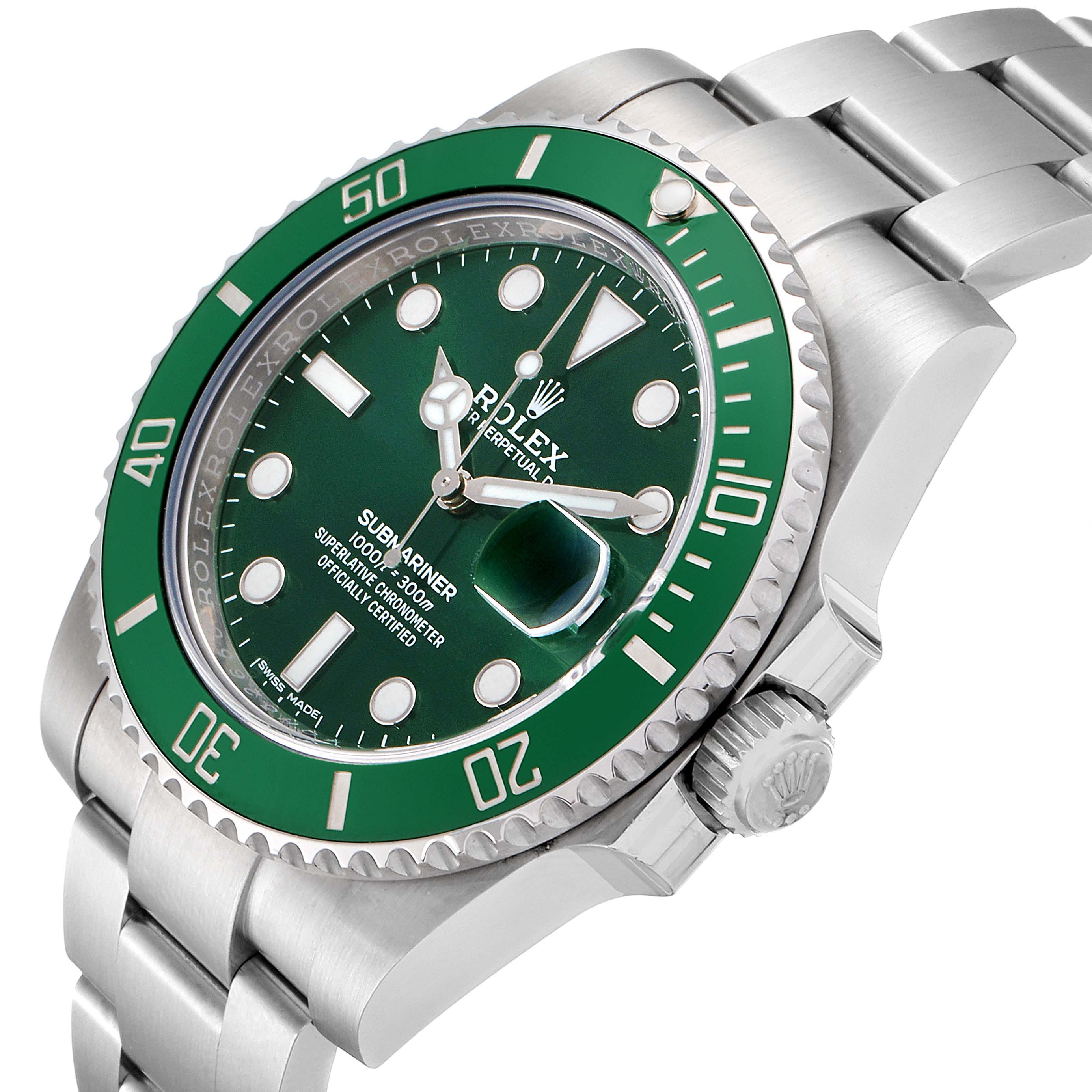 The image shows a Rolex Submariner 116610LV Men's Stainless Steel Green Dial 116610LV Men's Stainless Steel Green Dial watch at a three-quarter angle, highlighting the bezel, dial, crown, and part of the bracelet.
