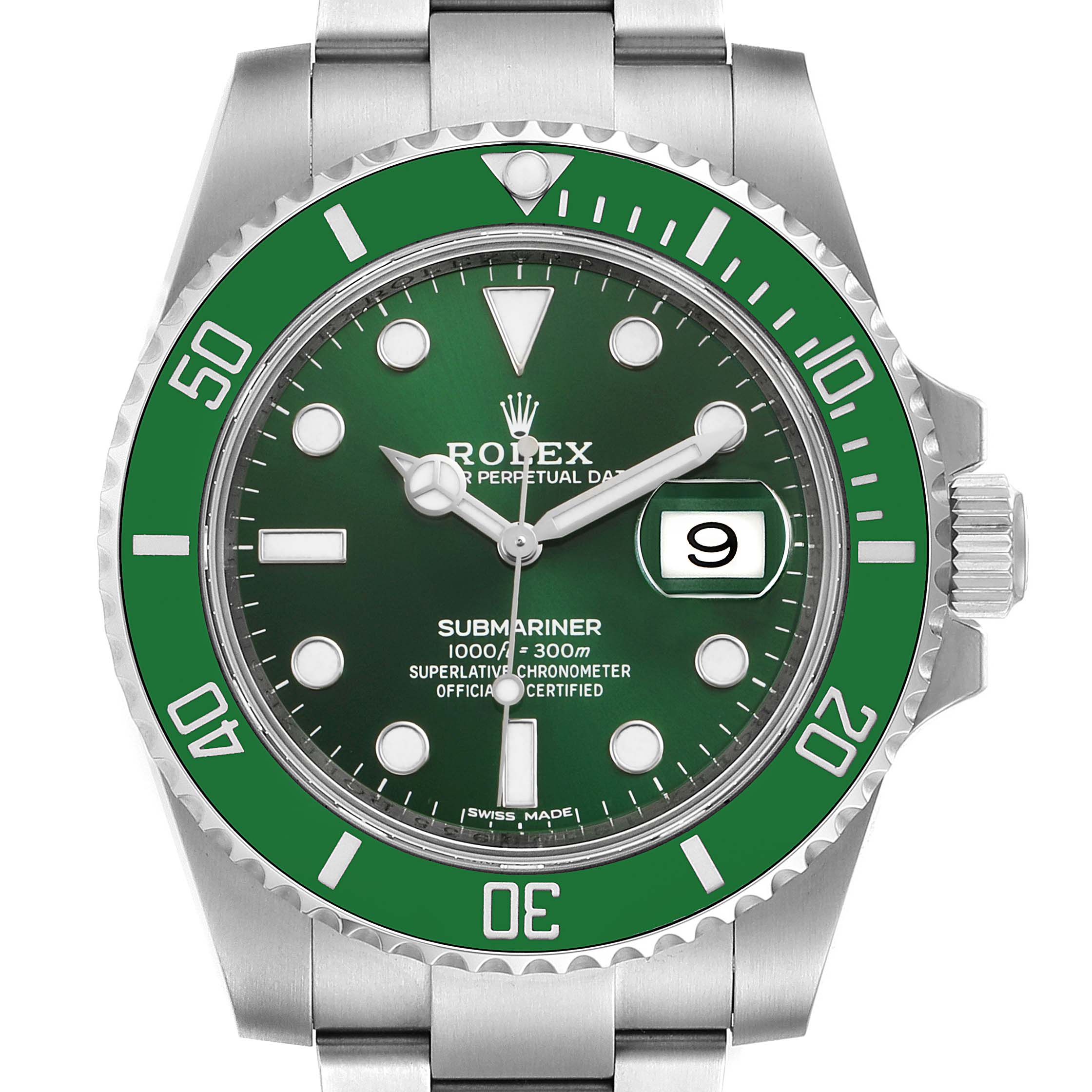 The image shows a frontal view of a Rolex Submariner 116610LV Men's Stainless Steel Green Dial 116610LV Men's Stainless Steel Green Dial watch with a green bezel and dial, including the date window and crown.
