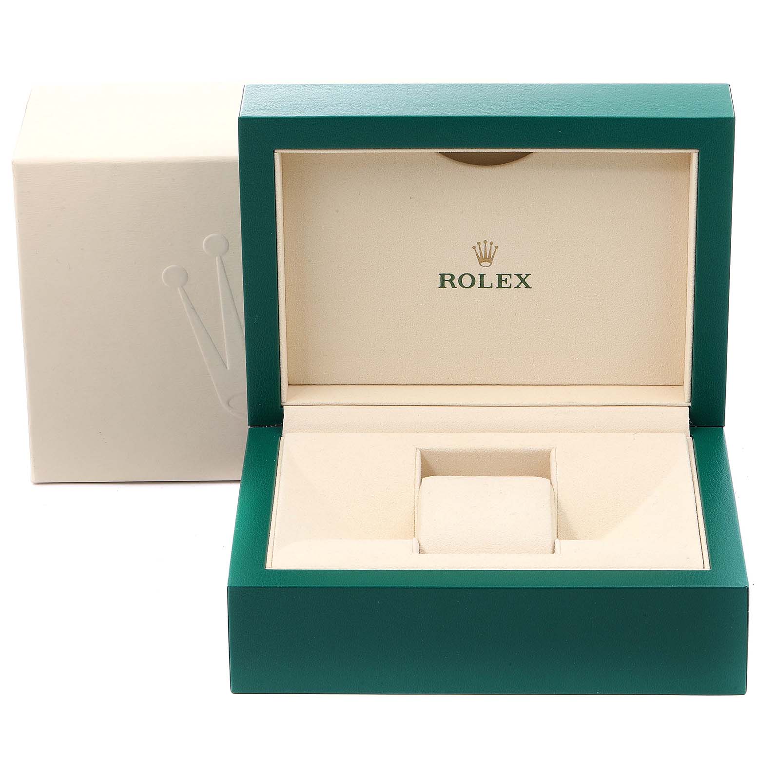 The image shows an open green and beige watch box designed for the Rolex Submariner 116610LV Men's Stainless Steel Green Dial 116610LV Men's Stainless Steel Green Dial model, with the Rolex logo inside the lid.