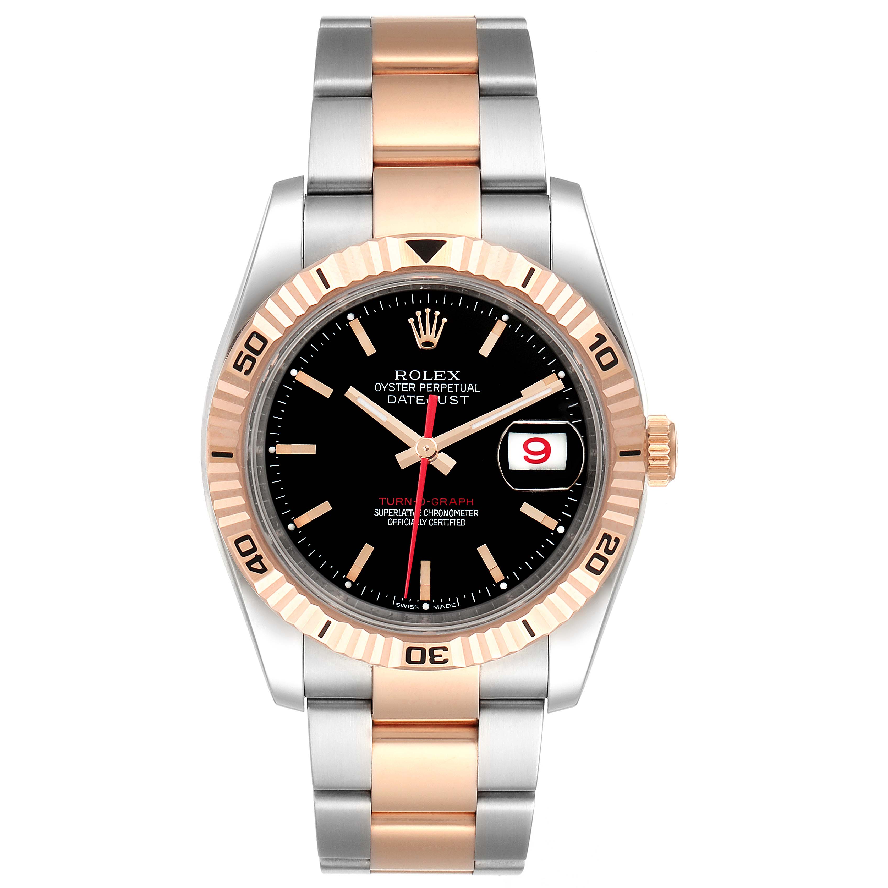 The Rolex Turn-o-Graph 116261 Men
s Steel and Gold (two tone) Black Dial 116261 Men
s Steel and Gold (two tone) Black Dial watch is shown from a front angle, displaying its entire face, bezel, and two-tone bracelet.