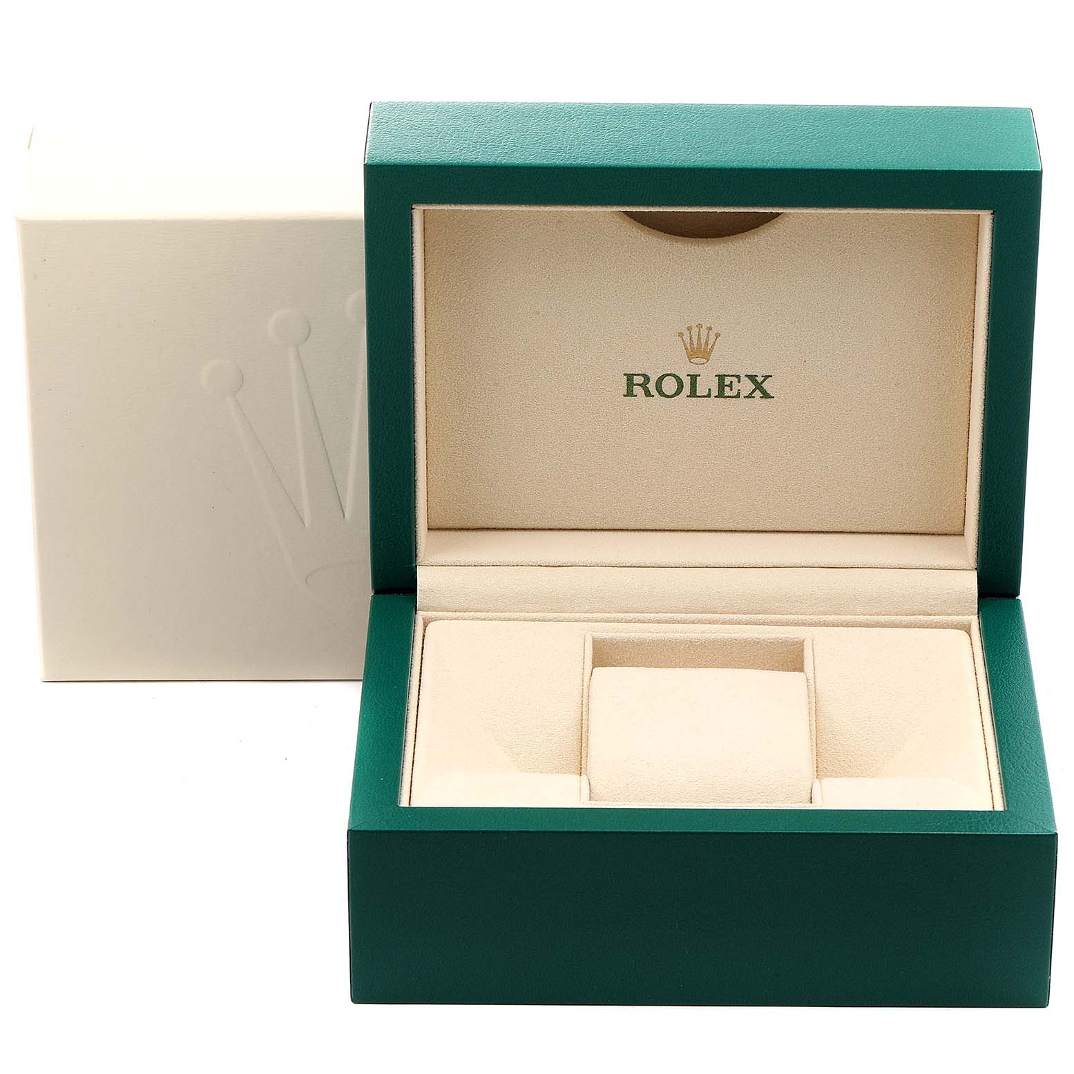 The image shows an open watch box for a Rolex Turn-o-Graph 116261 Men
s Steel and Gold (two tone) Black Dial 116261 Men
s Steel and Gold (two tone) Black Dial model, revealing the interior cushion and compartments.