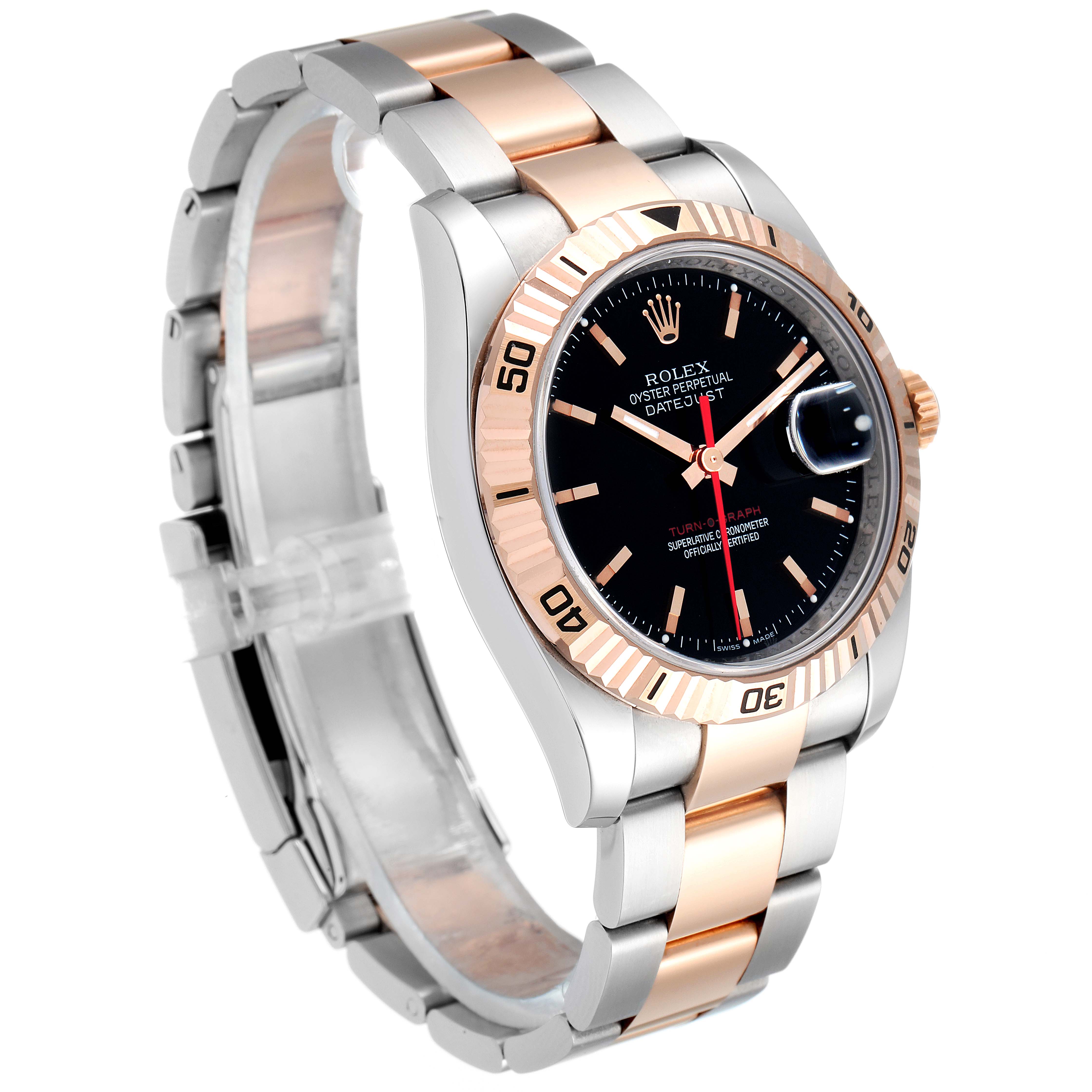 The image shows a side and front-angle view of a Rolex Turn-o-Graph 116261 Men
s Steel and Gold (two tone) Black Dial 116261 Men
s Steel and Gold (two tone) Black Dial watch, showcasing the face, bezel, and bracelet.