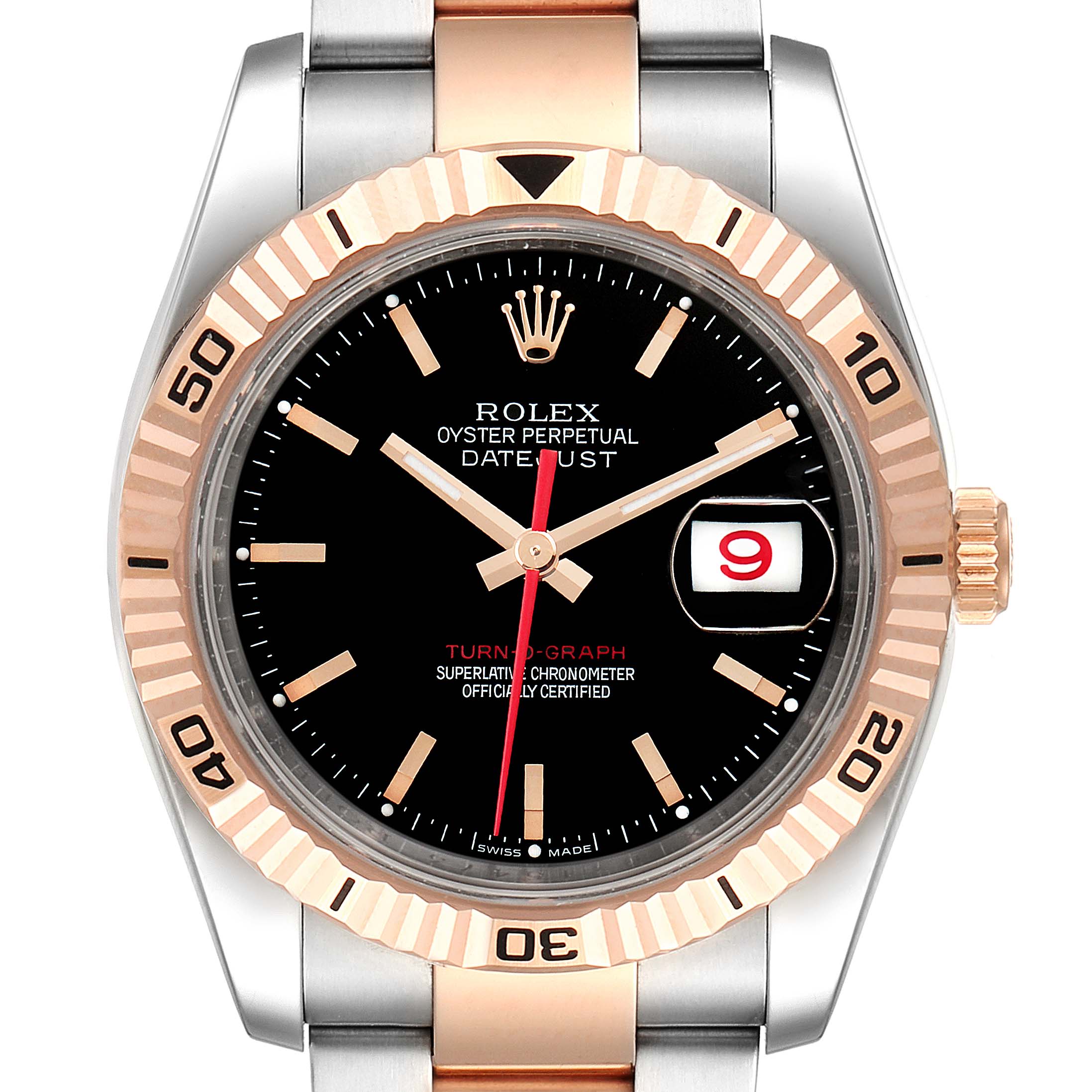 The image shows a front view of a Rolex Turn-o-Graph 116261 Men
s Steel and Gold (two tone) Black Dial 116261 Men
s Steel and Gold (two tone) Black Dial watch, highlighting the dial, bezel, and part of the bracelet.