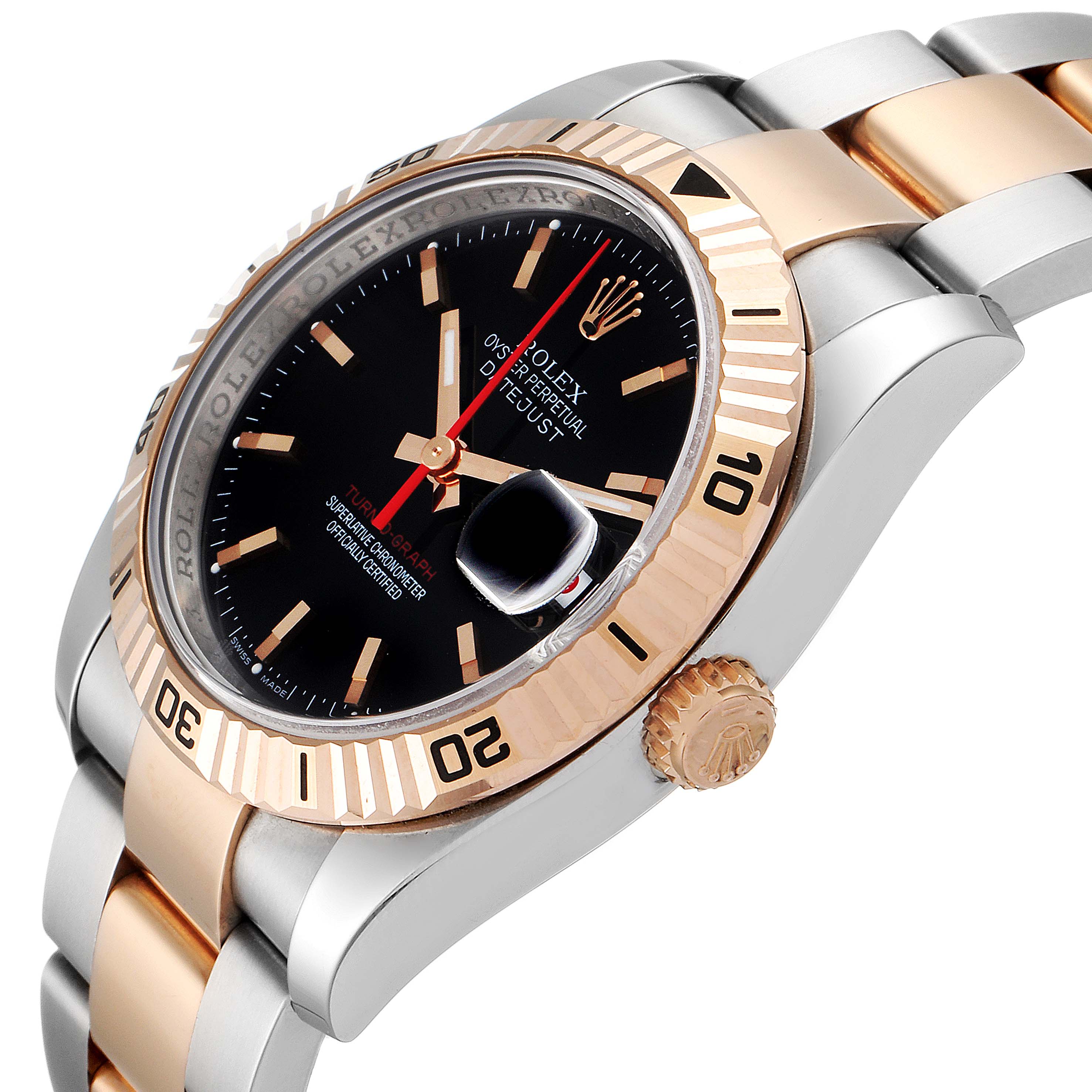 The image shows a semi-diagonal view of a Rolex Turn-o-Graph 116261 Men
s Steel and Gold (two tone) Black Dial 116261 Men
s Steel and Gold (two tone) Black Dial watch, highlighting the bezel, face, crown, and part of the bracelet.