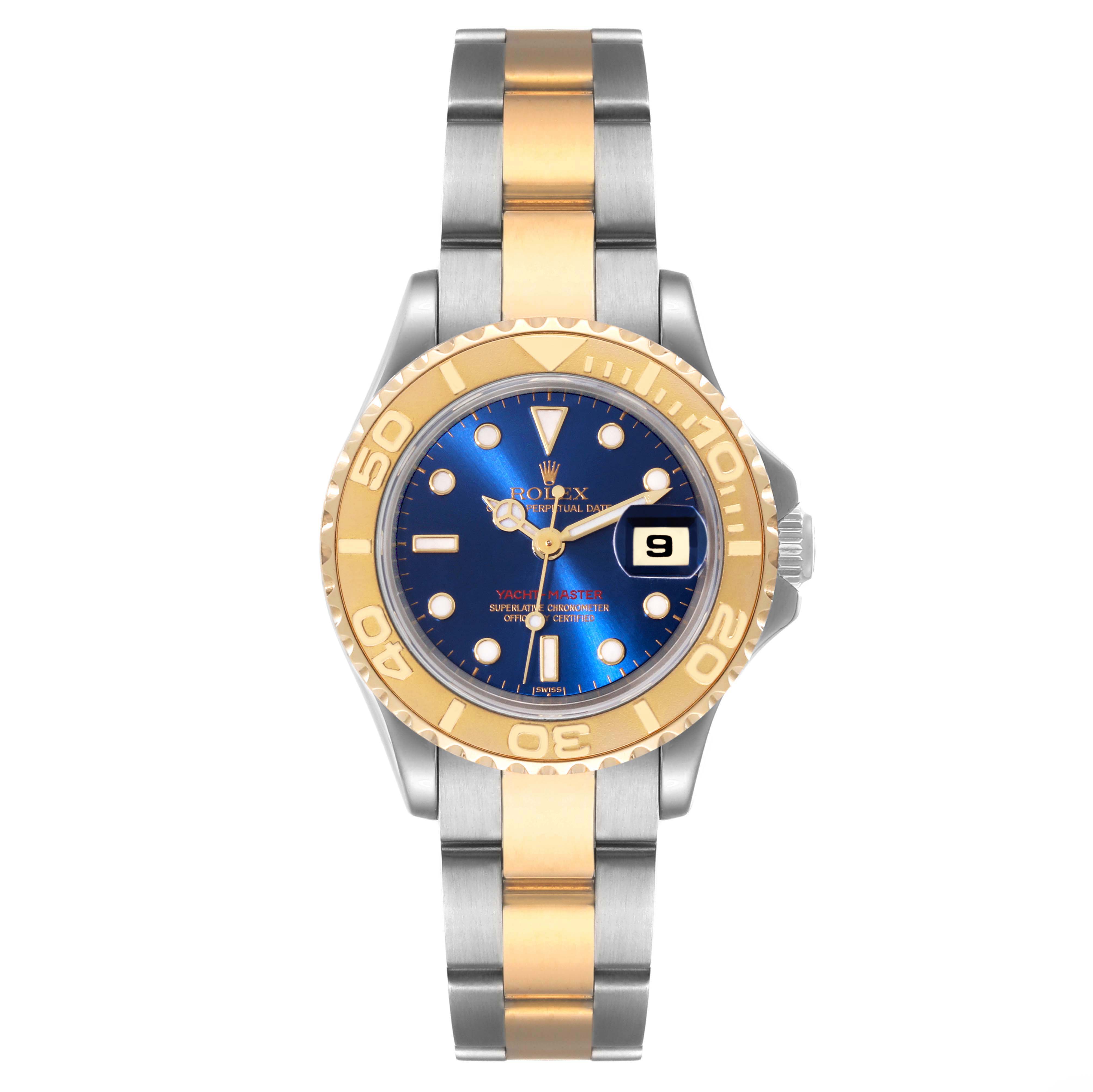 This Rolex Yacht-Master 69623 Women's Steel and Gold (two tone) Blue Dial 69623 Women's Steel and Gold (two tone) Blue Dial watch is shown from a top-down angle, displaying its face, bezel, and bi-metal bracelet.