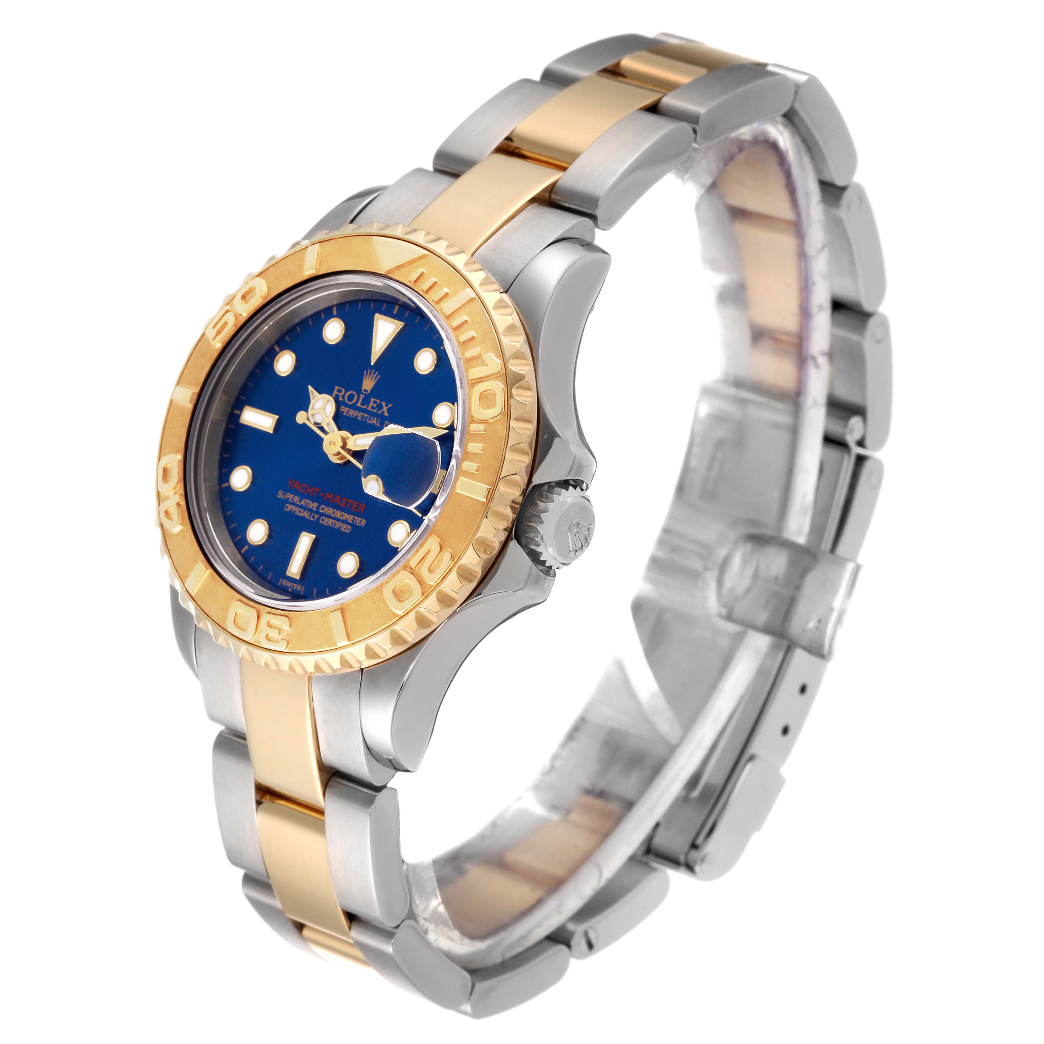The Rolex Yacht-Master 69623 Women's Steel and Gold (two tone) Blue Dial 69623 Women's Steel and Gold (two tone) Blue Dial watch is shown at a three-quarter angle, displaying the dial, bezel, and two-tone bracelet.