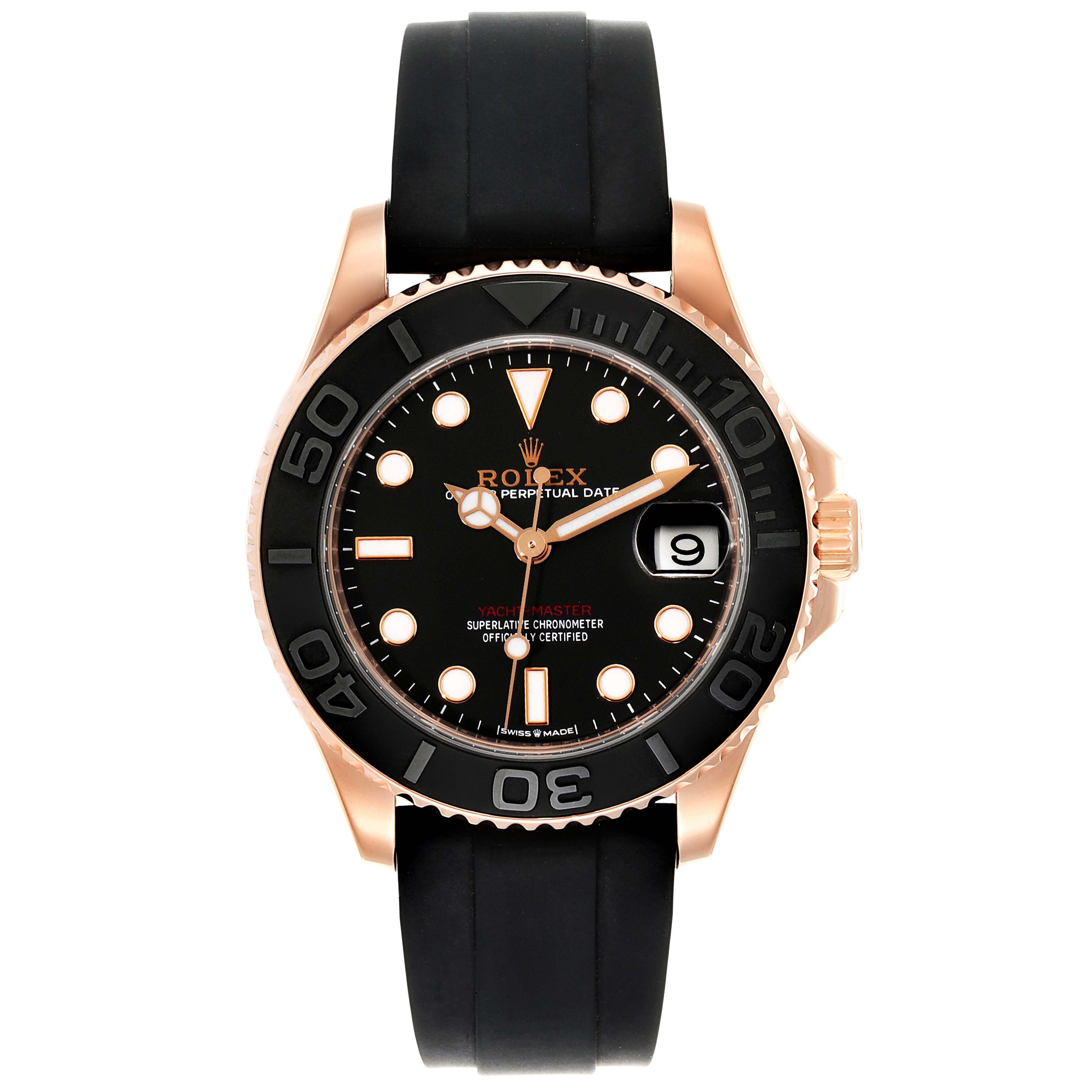 The Rolex Yacht-Master 268655 Men
s Rose Gold Black Dial 268655 Men
s Rose Gold Black Dial watch is shown from the front, highlighting its dial, bezel, and rubber strap.