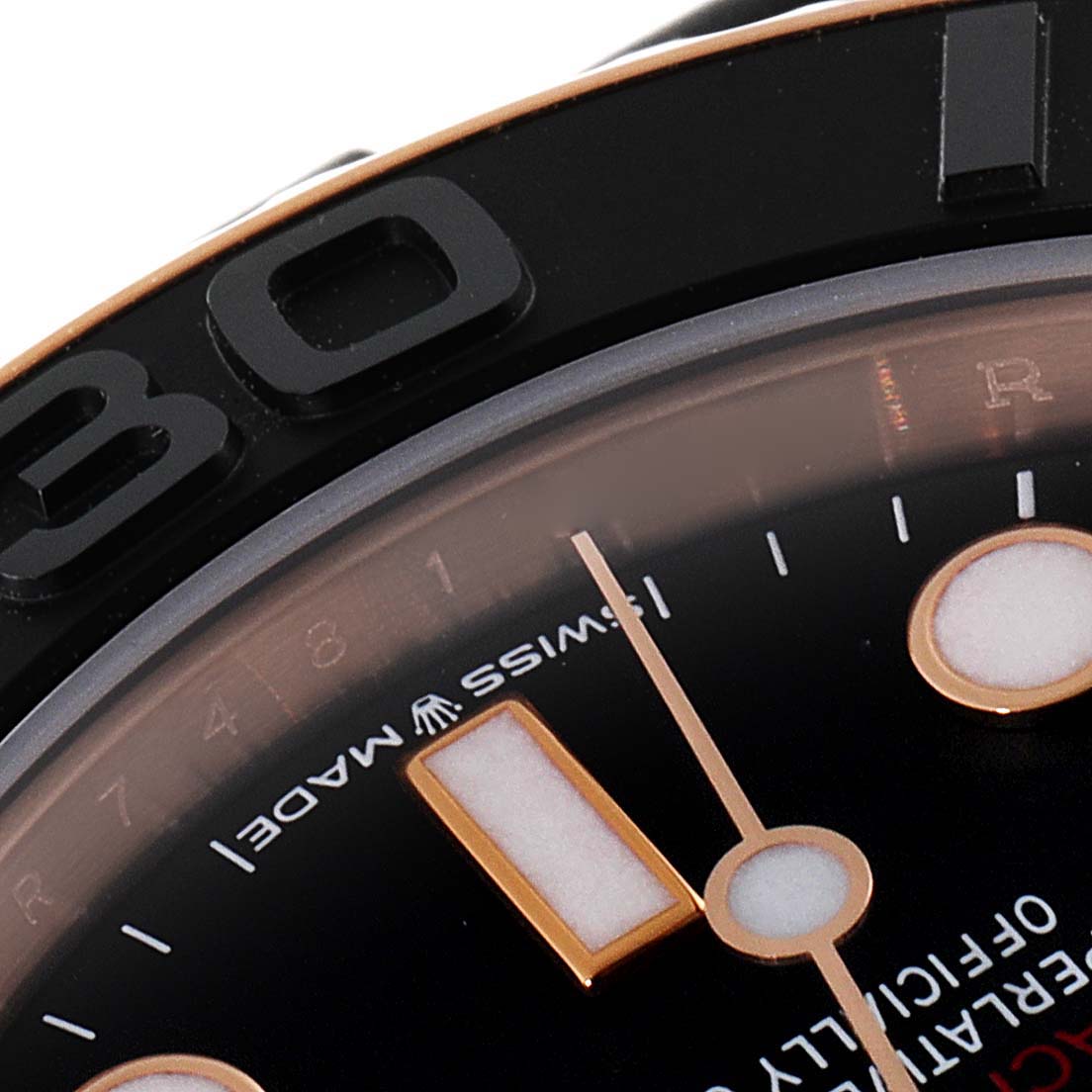 The image shows a close-up view of the dial and bezel of a Rolex Yacht-Master 268655 Men
s Rose Gold Black Dial 268655 Men
s Rose Gold Black Dial watch, highlighting the "30" minute mark.
