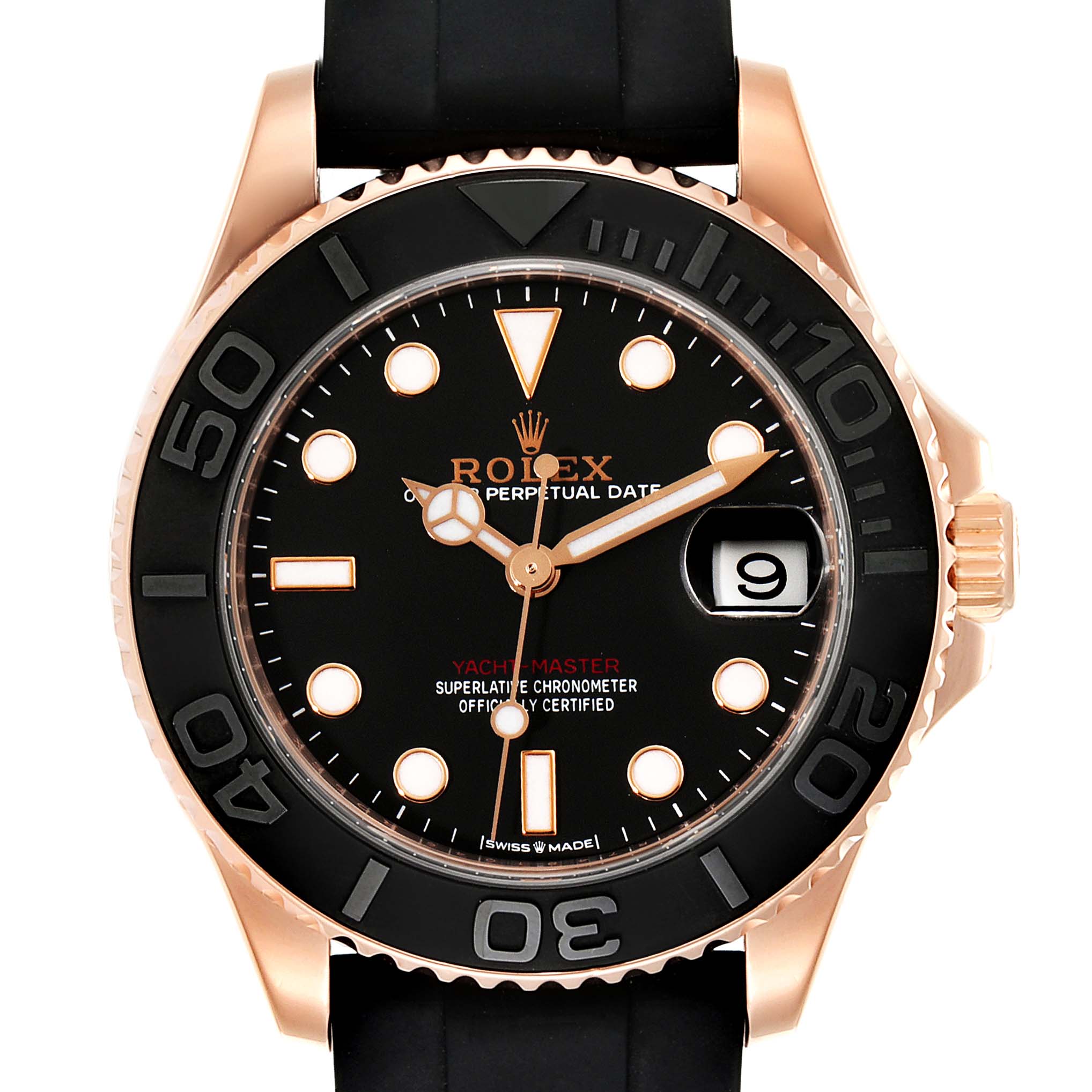 The Rolex Yacht-Master 268655 Men
s Rose Gold Black Dial 268655 Men
s Rose Gold Black Dial watch is shown from the front, highlighting the dial, bezel, and crown.