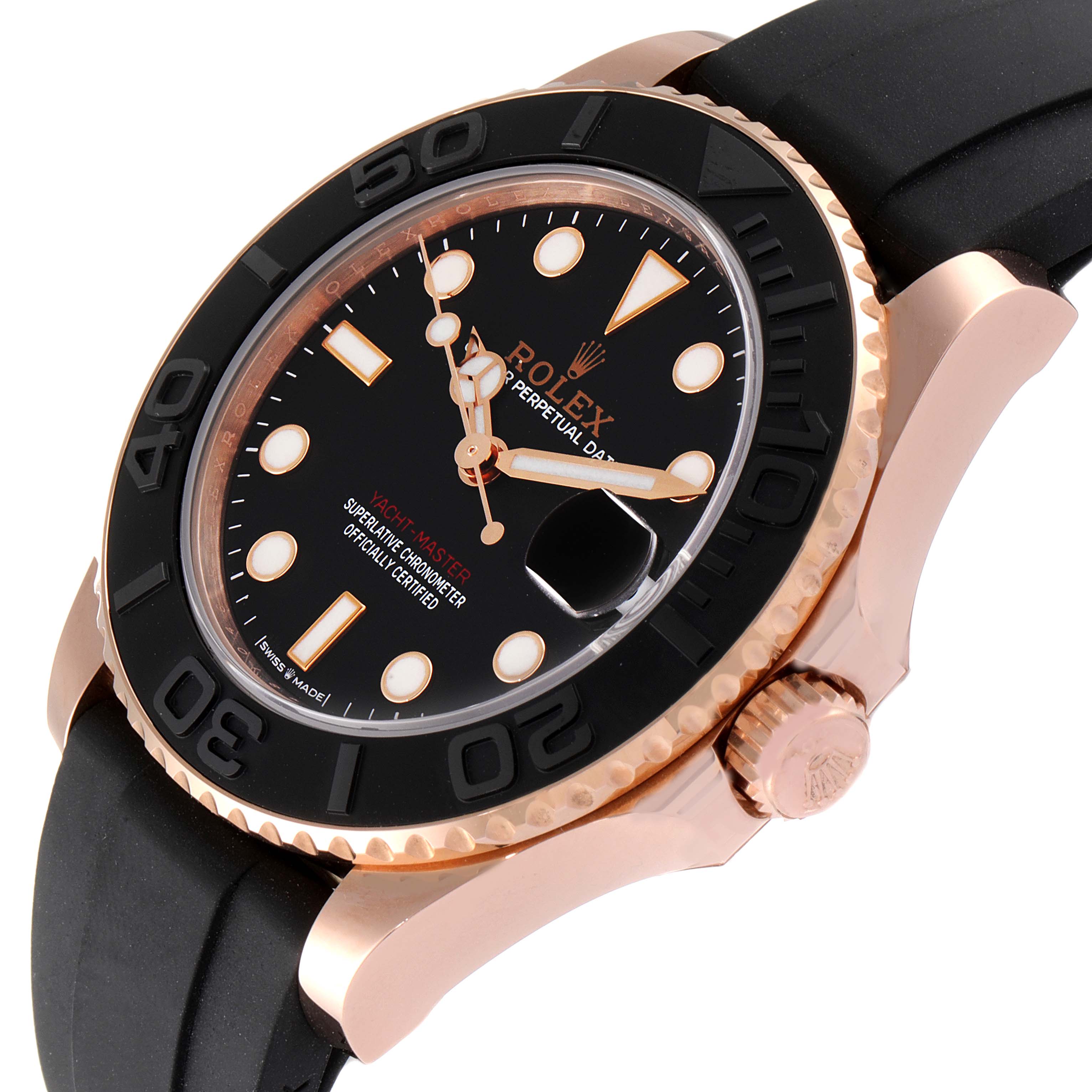 The image shows a side and front angle of the Rolex Yacht-Master 268655 Men
s Rose Gold Black Dial 268655 Men
s Rose Gold Black Dial watch, highlighting the dial, bezel, crown, and strap.