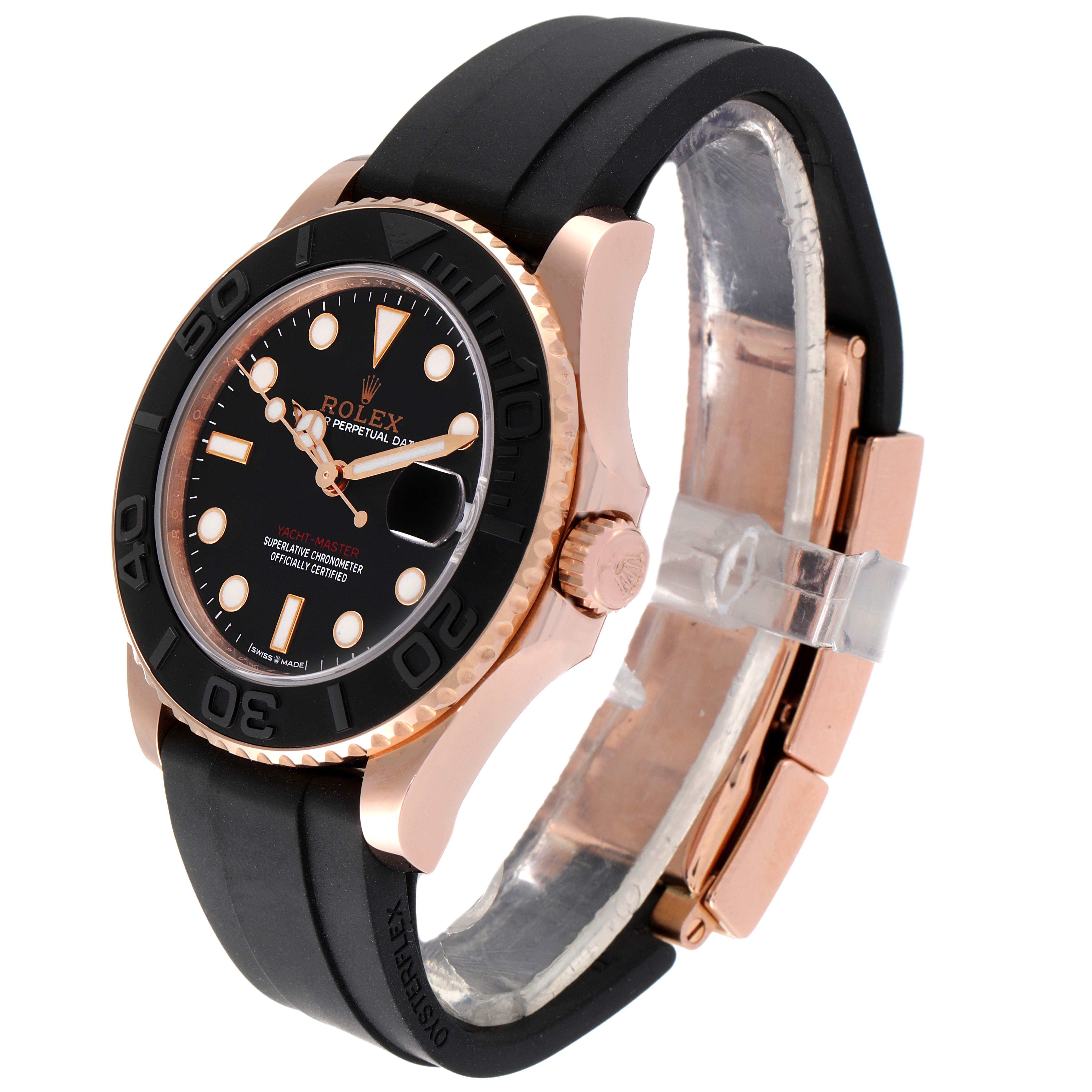 The Rolex Yacht-Master 268655 Men
s Rose Gold Black Dial 268655 Men
s Rose Gold Black Dial watch is shown at an angle highlighting its face, bezel, crown, and rubber strap.