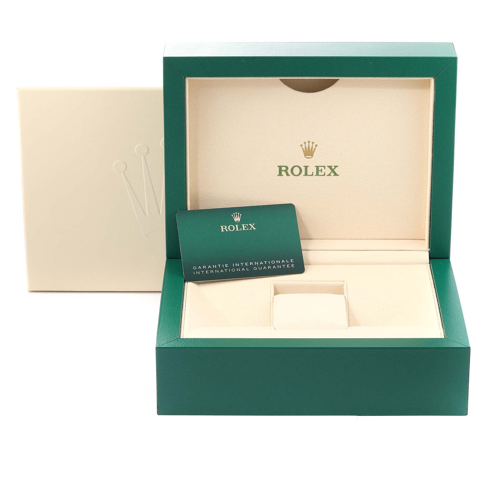 The image shows an open Rolex Yacht-Master 116681 Men
s Steel and Gold (two tone) White Dial 116681 Men
s Steel and Gold (two tone) White Dial watch box with the warranty card inside.