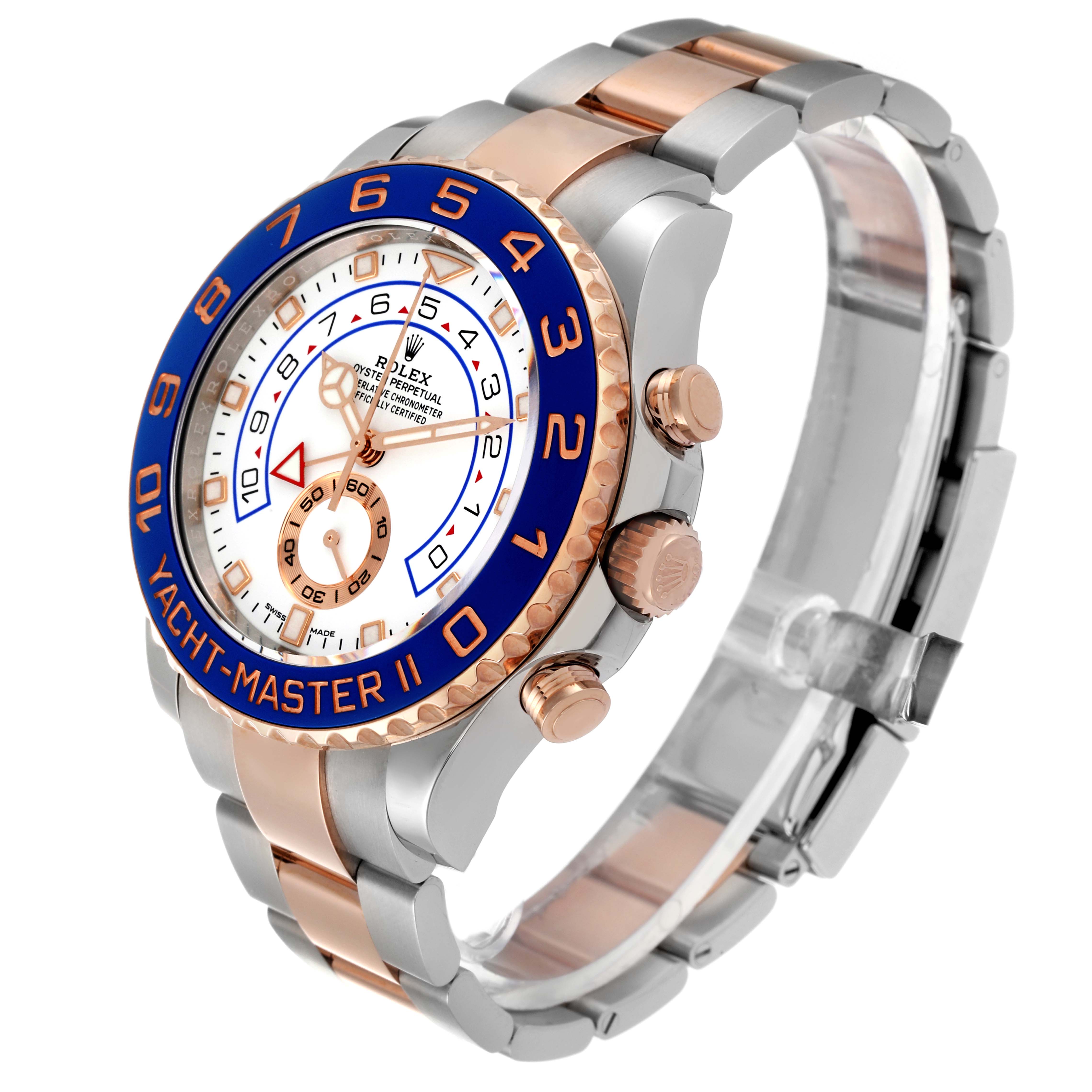 The image shows a Rolex Yacht-Master 116681 Men
s Steel and Gold (two tone) White Dial 116681 Men
s Steel and Gold (two tone) White Dial watch from an angled side view, highlighting its dial, bezel, crown, and bracelet.