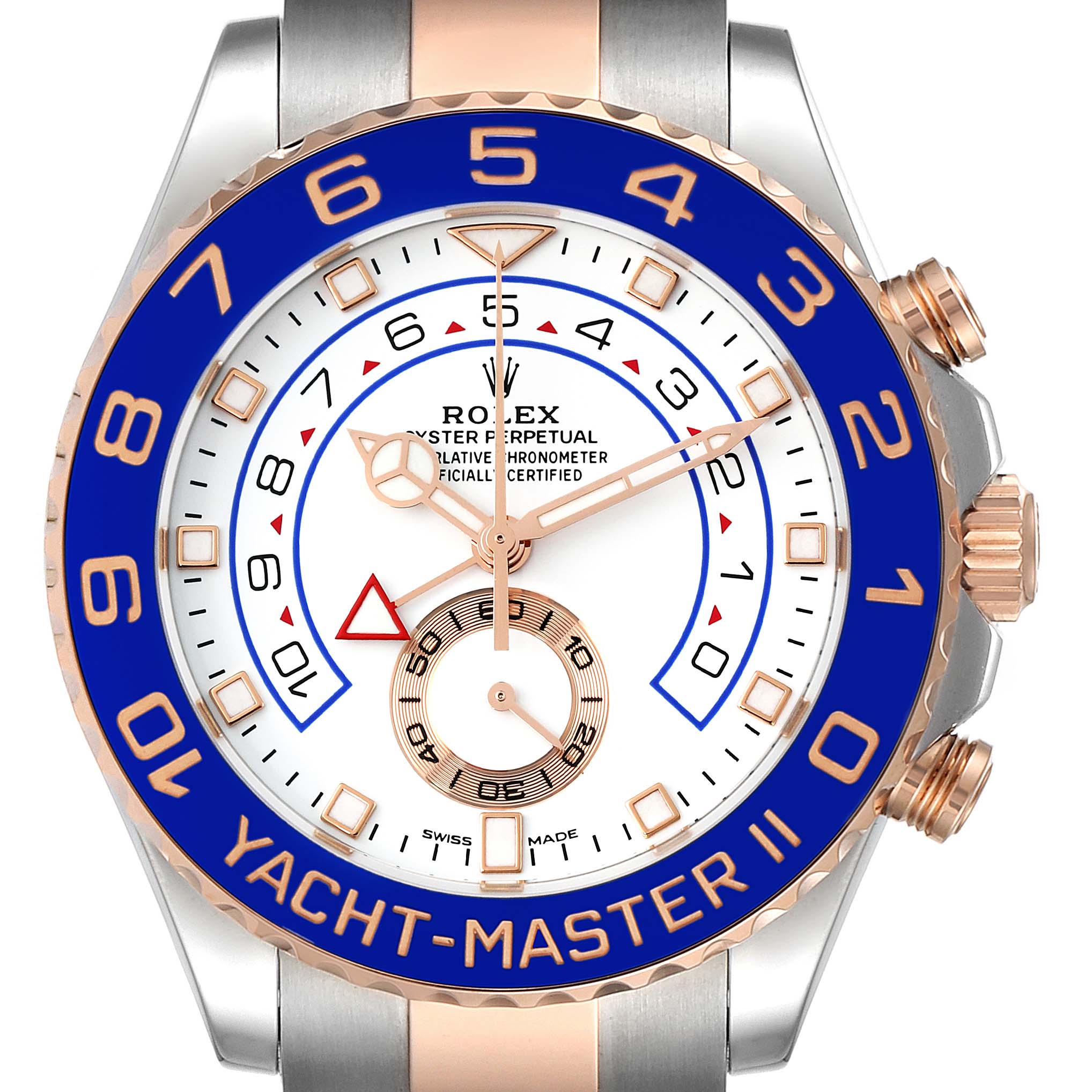 The image shows a front view of the Rolex Yacht-Master 116681 Men
s Steel and Gold (two tone) White Dial 116681 Men
s Steel and Gold (two tone) White Dial II watch, highlighting the bezel, dial, and side crown.