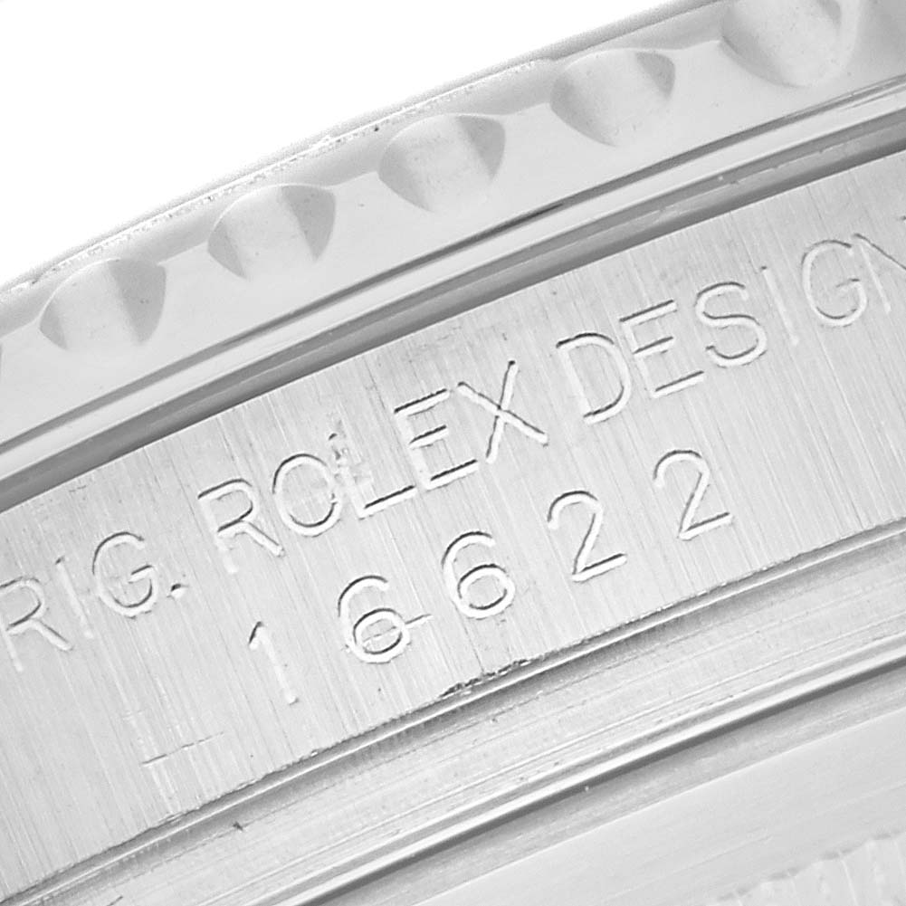 This close-up shot shows the engraved Rolex design number on the side of the Yacht-Master model watch by Rolex.