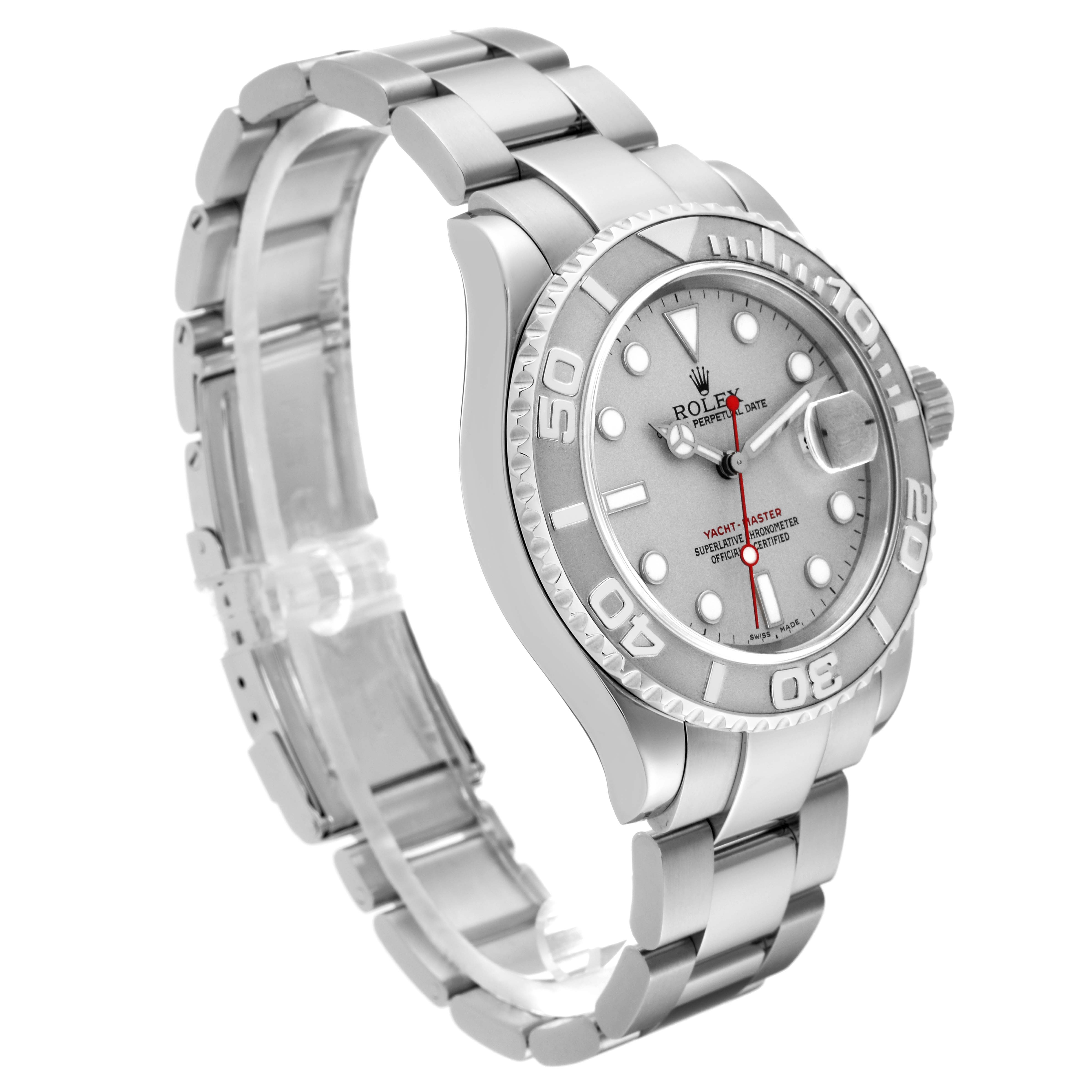 The Rolex Yacht-Master 16622 Men's Stainless Steel Silver Dial 16622 Men's Stainless Steel Silver Dial watch is shown at a slight angle, displaying its face, bezel, and bracelet.
