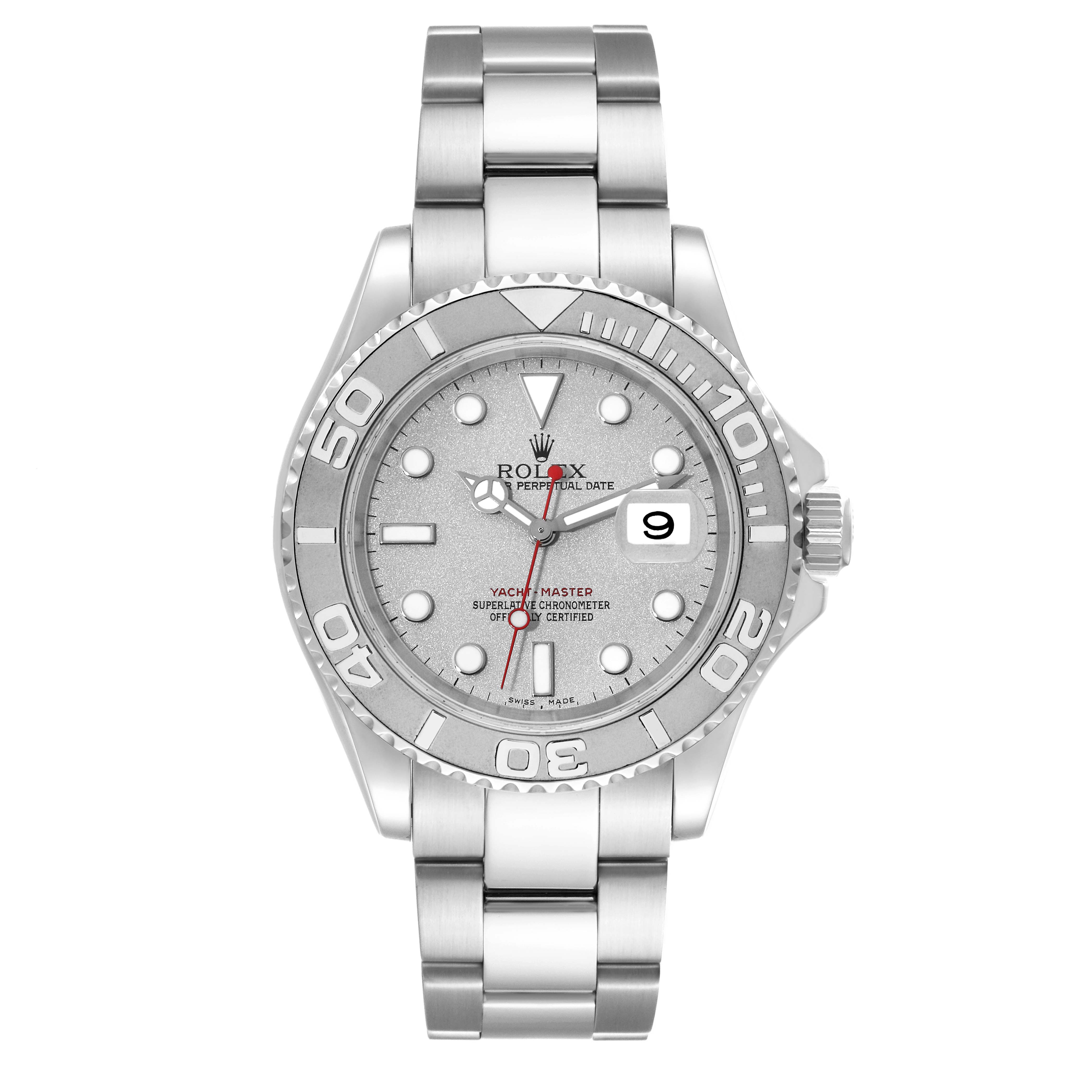 The image shows a front view of a Rolex Yacht-Master 16622 Men's Stainless Steel Silver Dial 16622 Men's Stainless Steel Silver Dial watch, displaying the dial, bezel, and bracelet.
