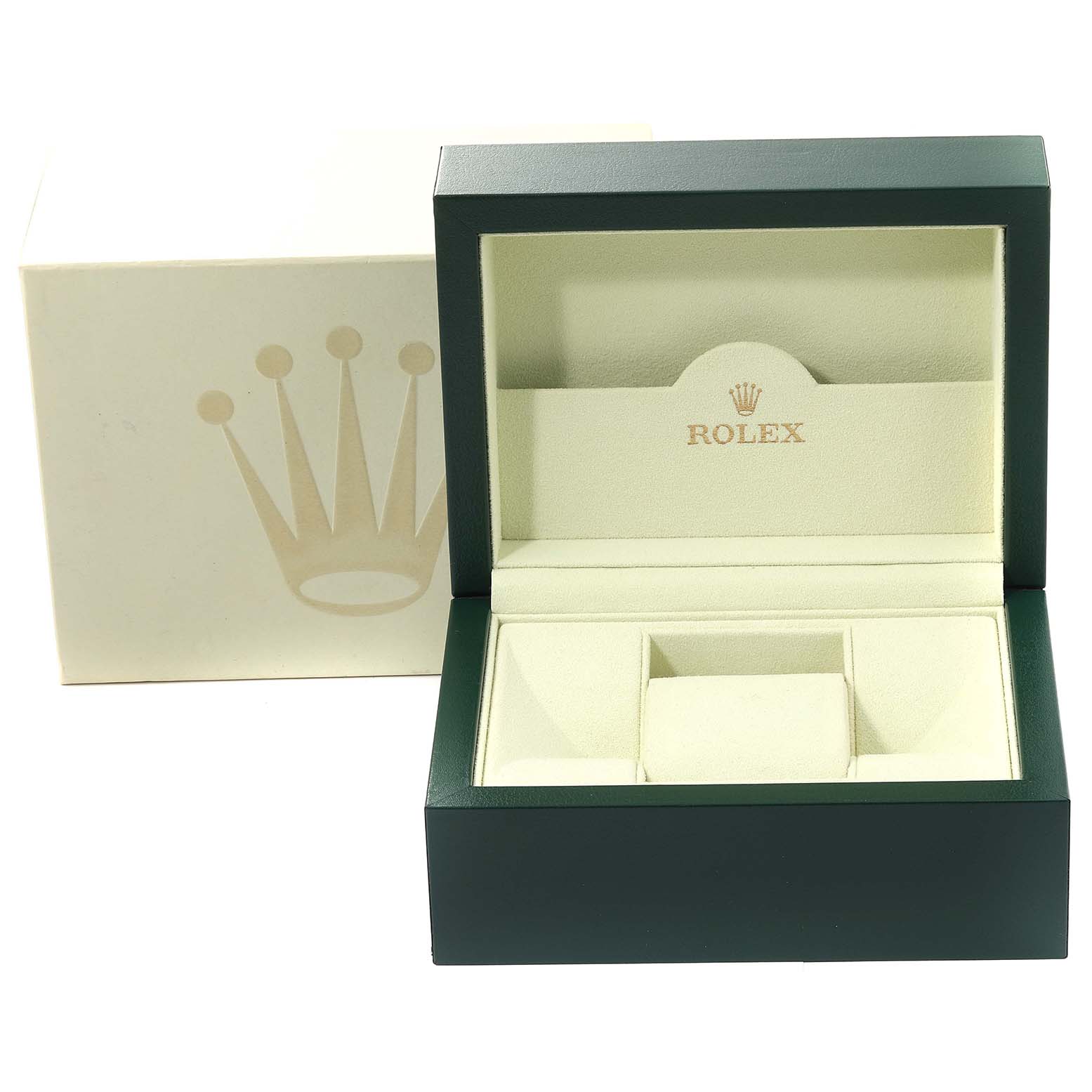 This image shows the open box for a Rolex Yacht-Master 16622 Men's Stainless Steel Silver Dial 16622 Men's Stainless Steel Silver Dial, including the inner and outer packaging.