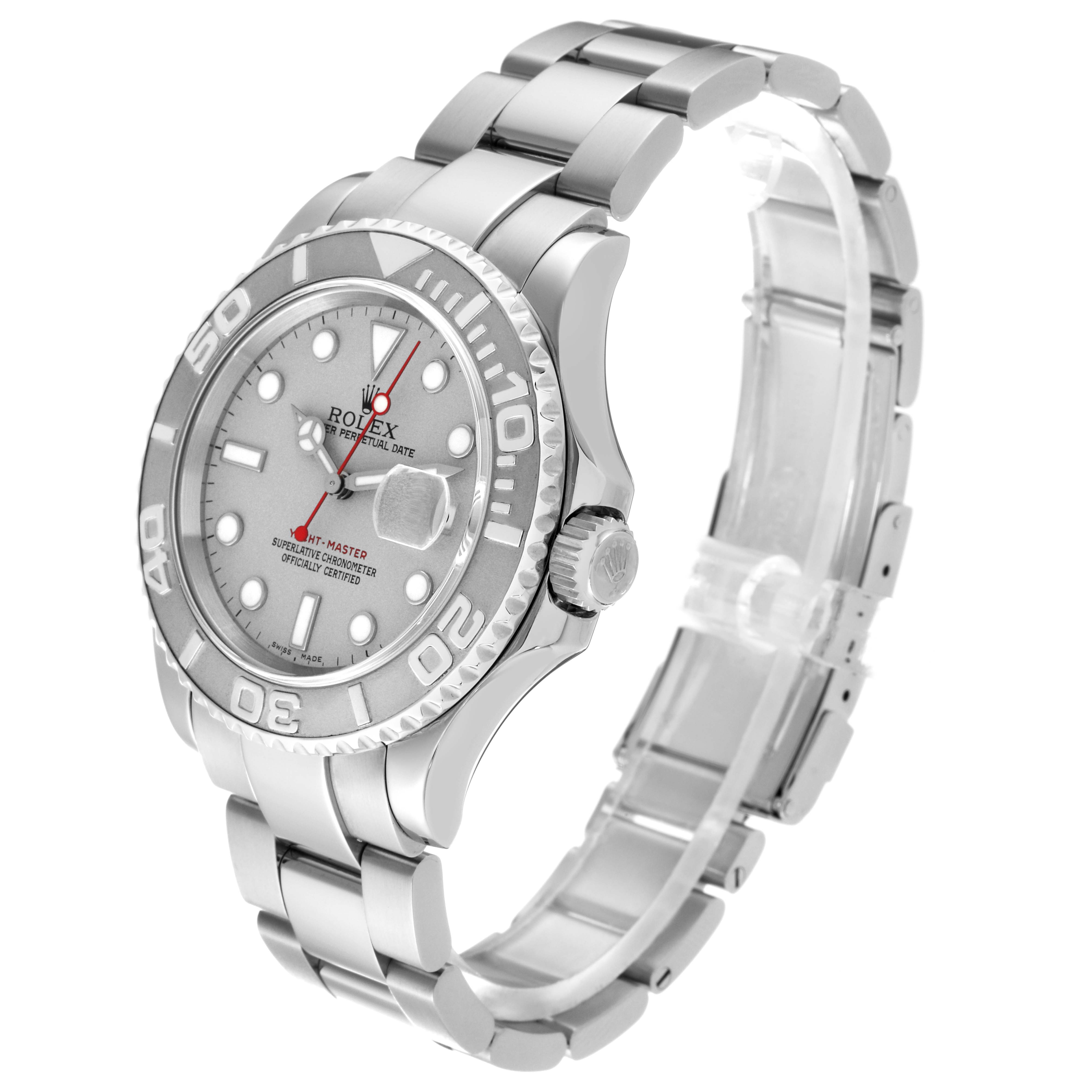 This image shows a Rolex Yacht-Master 16622 Men's Stainless Steel Silver Dial 16622 Men's Stainless Steel Silver Dial watch from a three-quarter angle, detailing the bezel, face, crown, and bracelet.