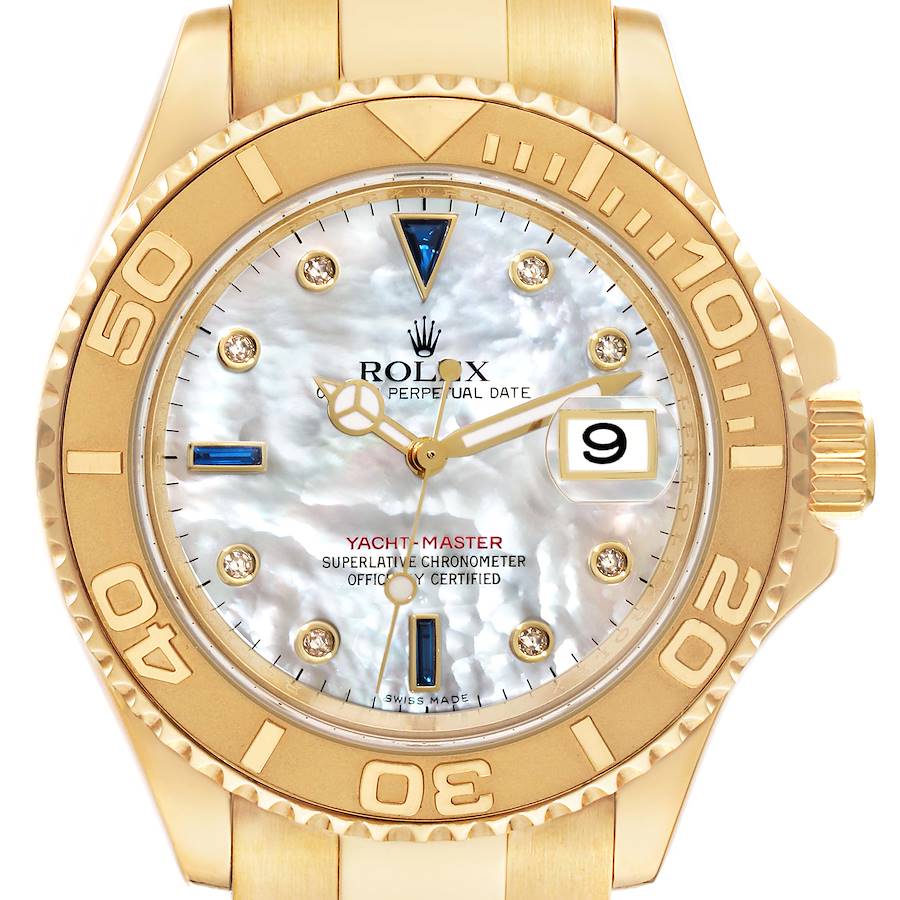 Rolex Yachtmaster Yellow Gold Mother of Pearl Diamond Sapphire Serti Mens Watch 16628 SwissWatchExpo