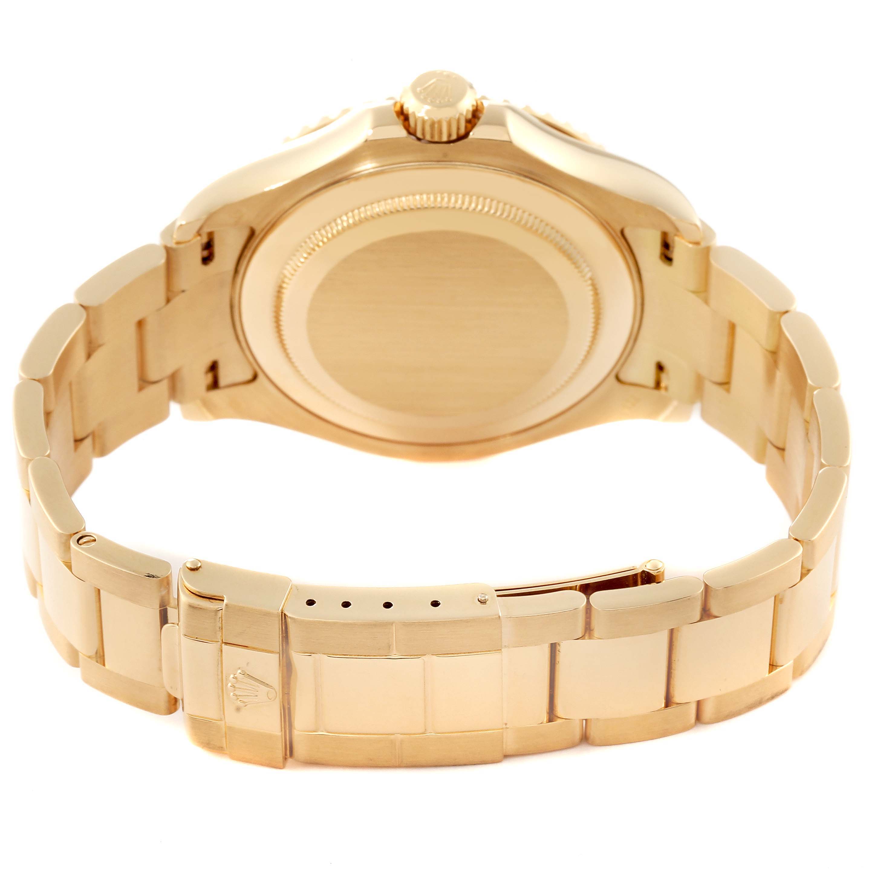 The image shows the backside and bracelet clasp of the Rolex Yacht-Master 16628B Men's Yellow Gold Mother of Pearl Dial 16628B Men's Yellow Gold Mother of Pearl Dial watch.