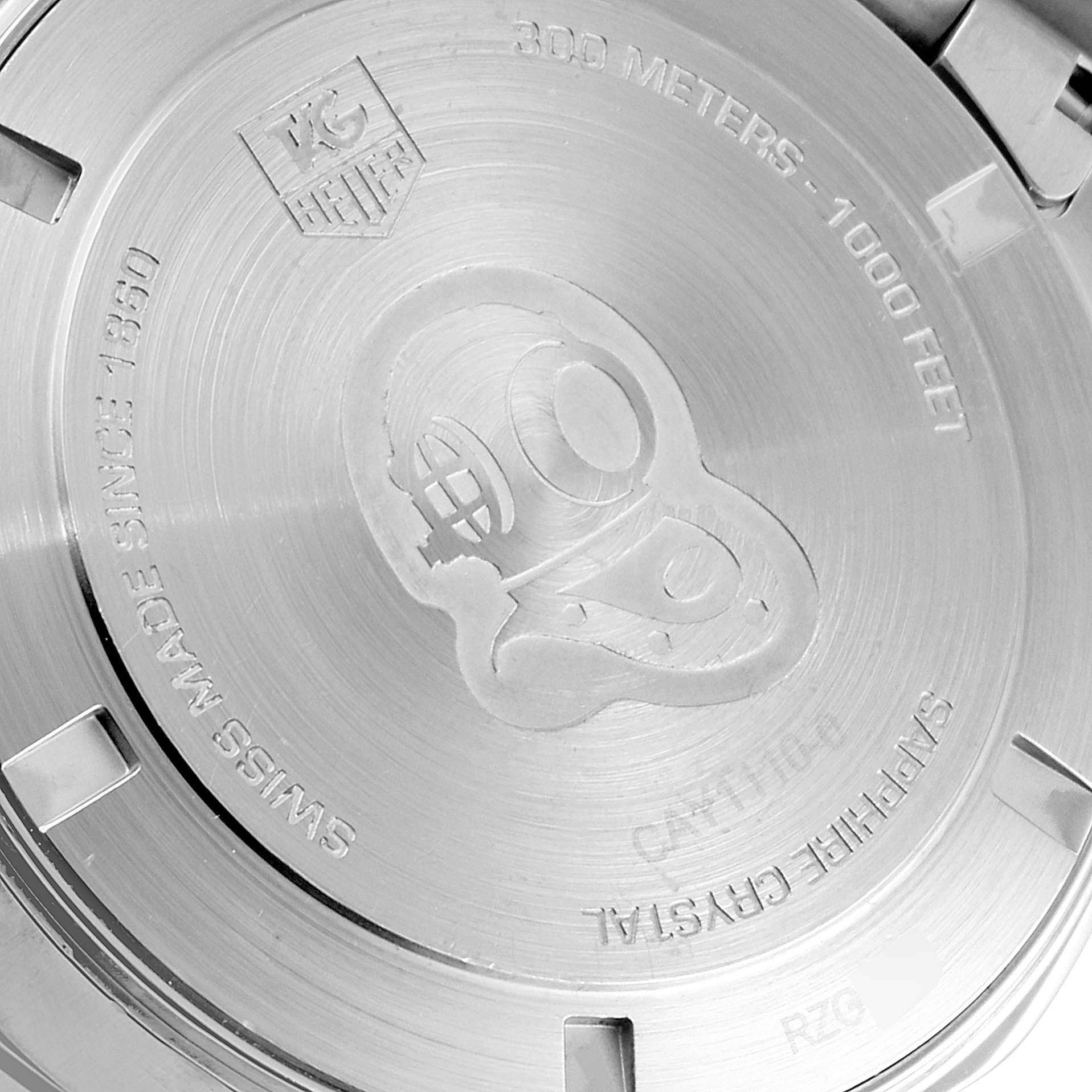 This image shows the case back of a Tag Heuer Aquaracer CAY1110.BA0927 Men
s Stainless Steel Black Dial CAY1110.BA0927 Men
s Stainless Steel Black Dial watch, highlighting its depth rating and engravings.